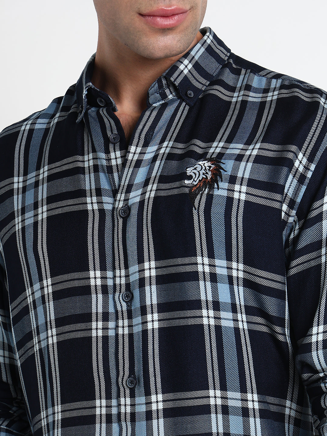 Men's Navy Blue Checked Slim Fit Casual Shirt