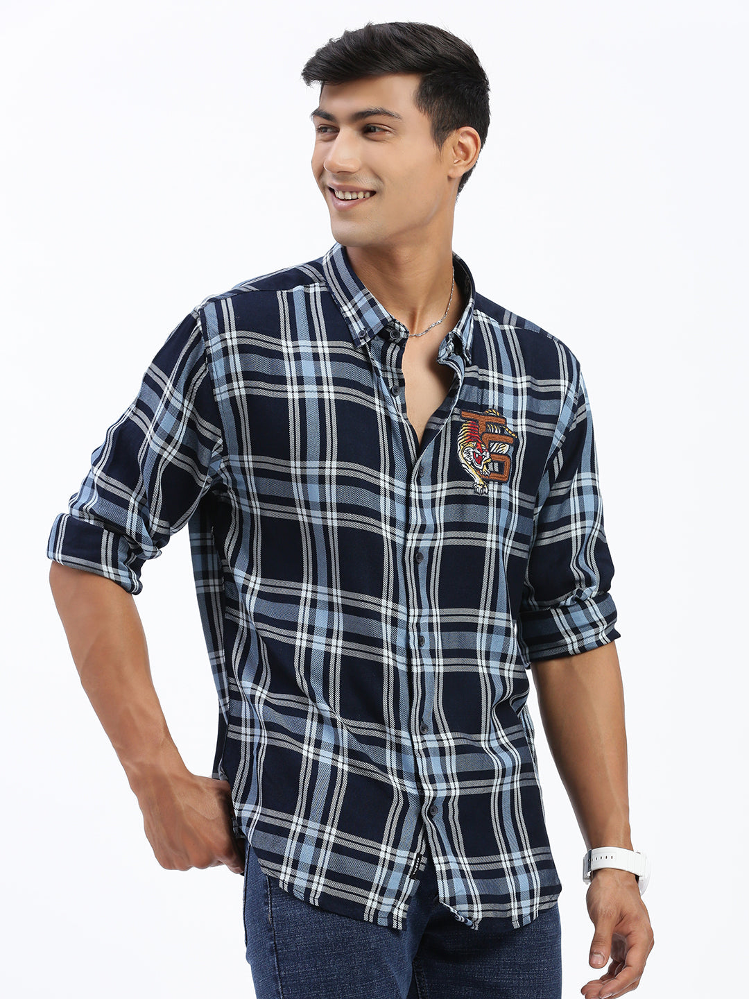 Men Checked Navy Blue Slim Fit Shirt