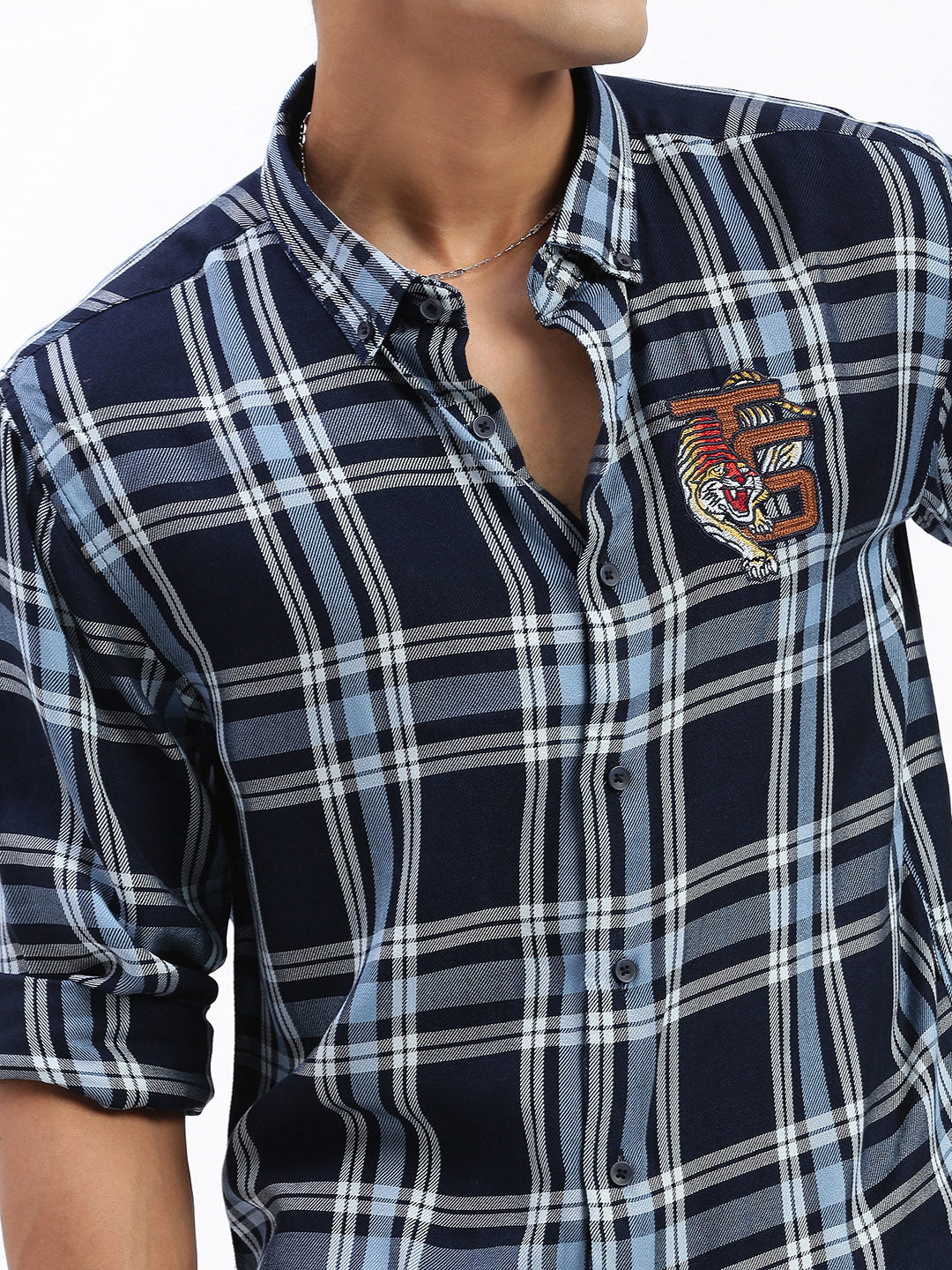 Men Checked Navy Blue Slim Fit Shirt