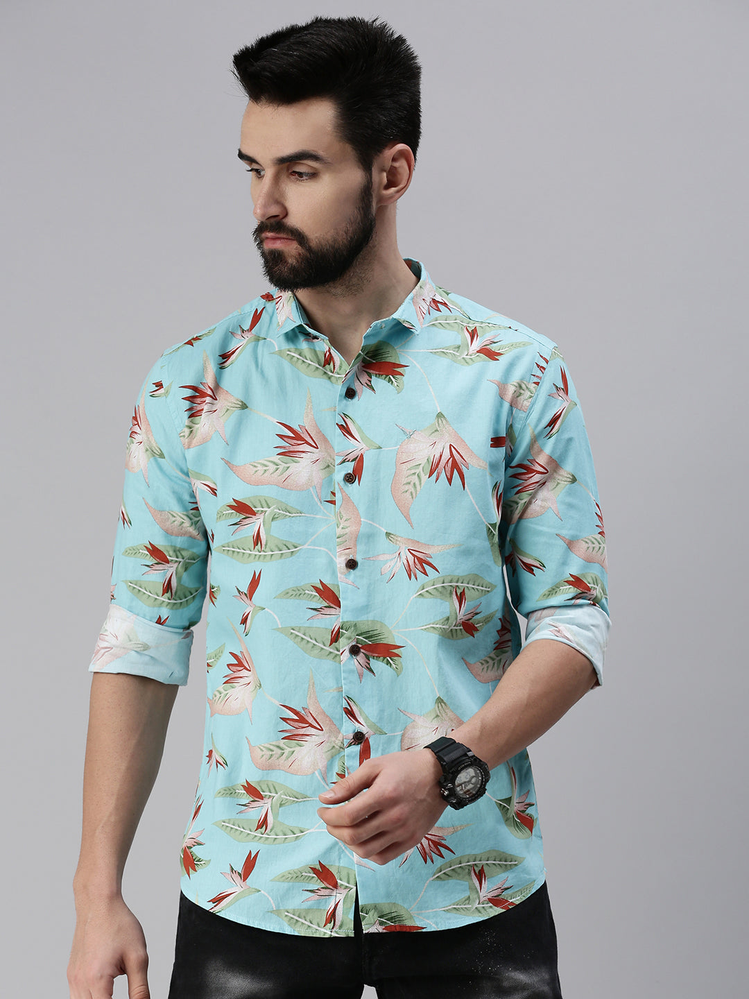 Men Spread Collar Printed Blue Shirt