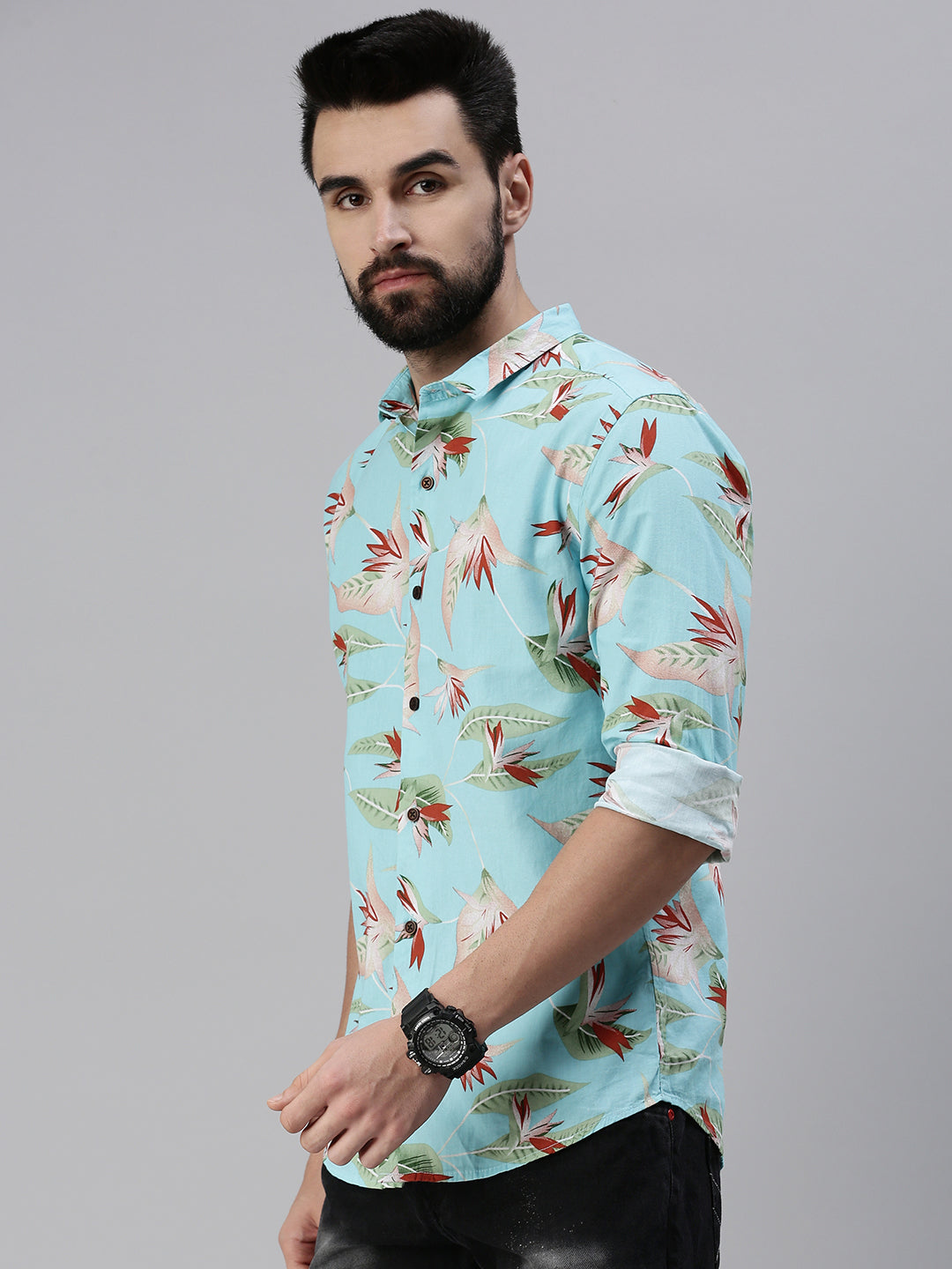 Men Spread Collar Printed Blue Shirt