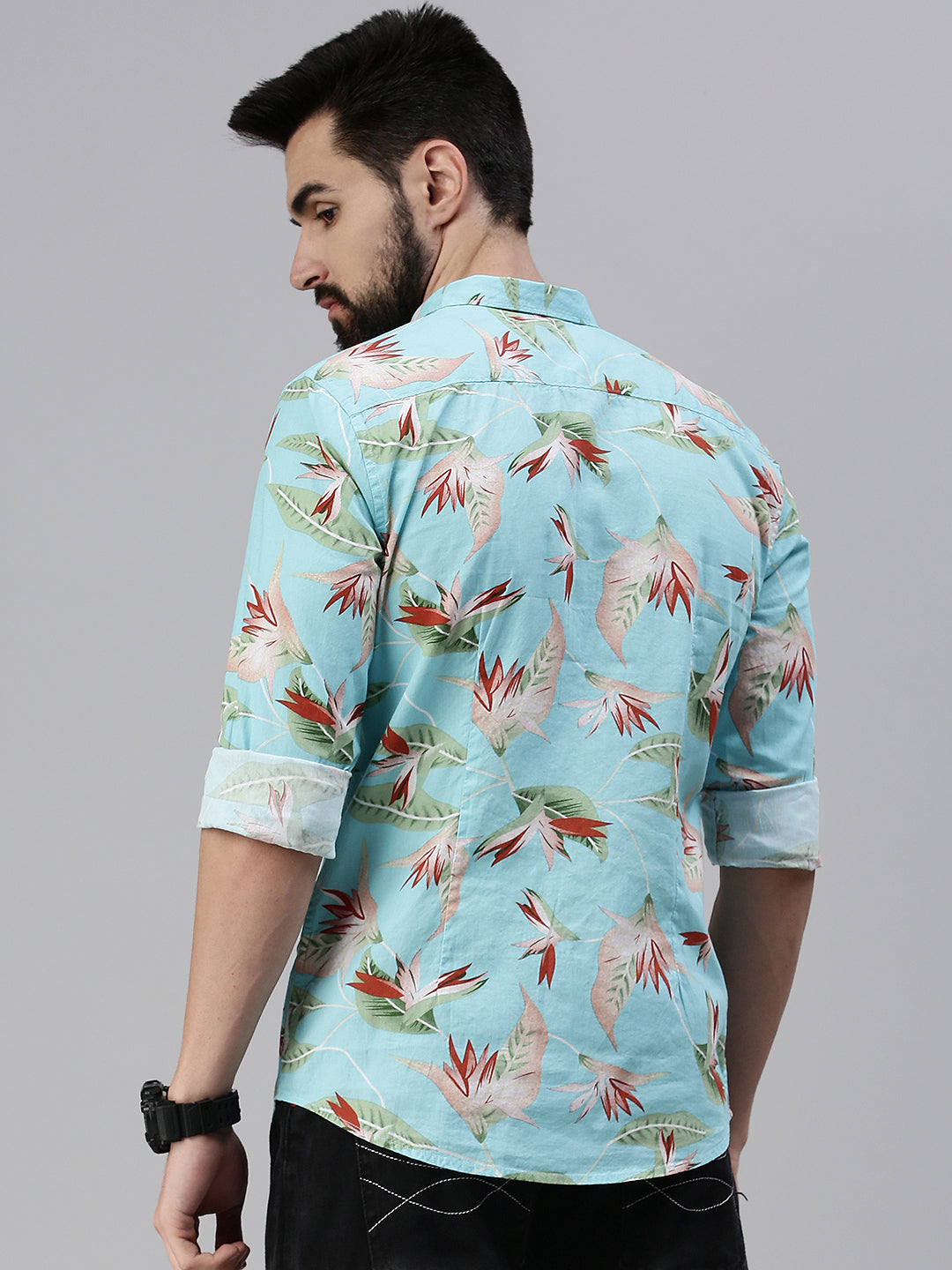 Men Spread Collar Printed Blue Shirt