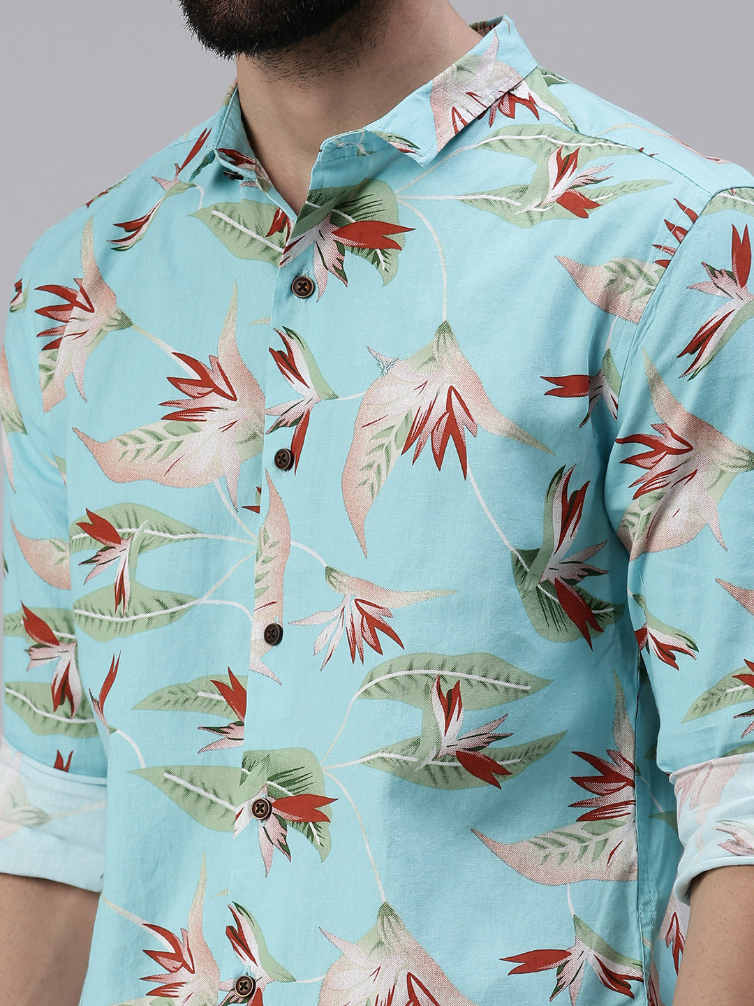 Men Spread Collar Printed Blue Shirt