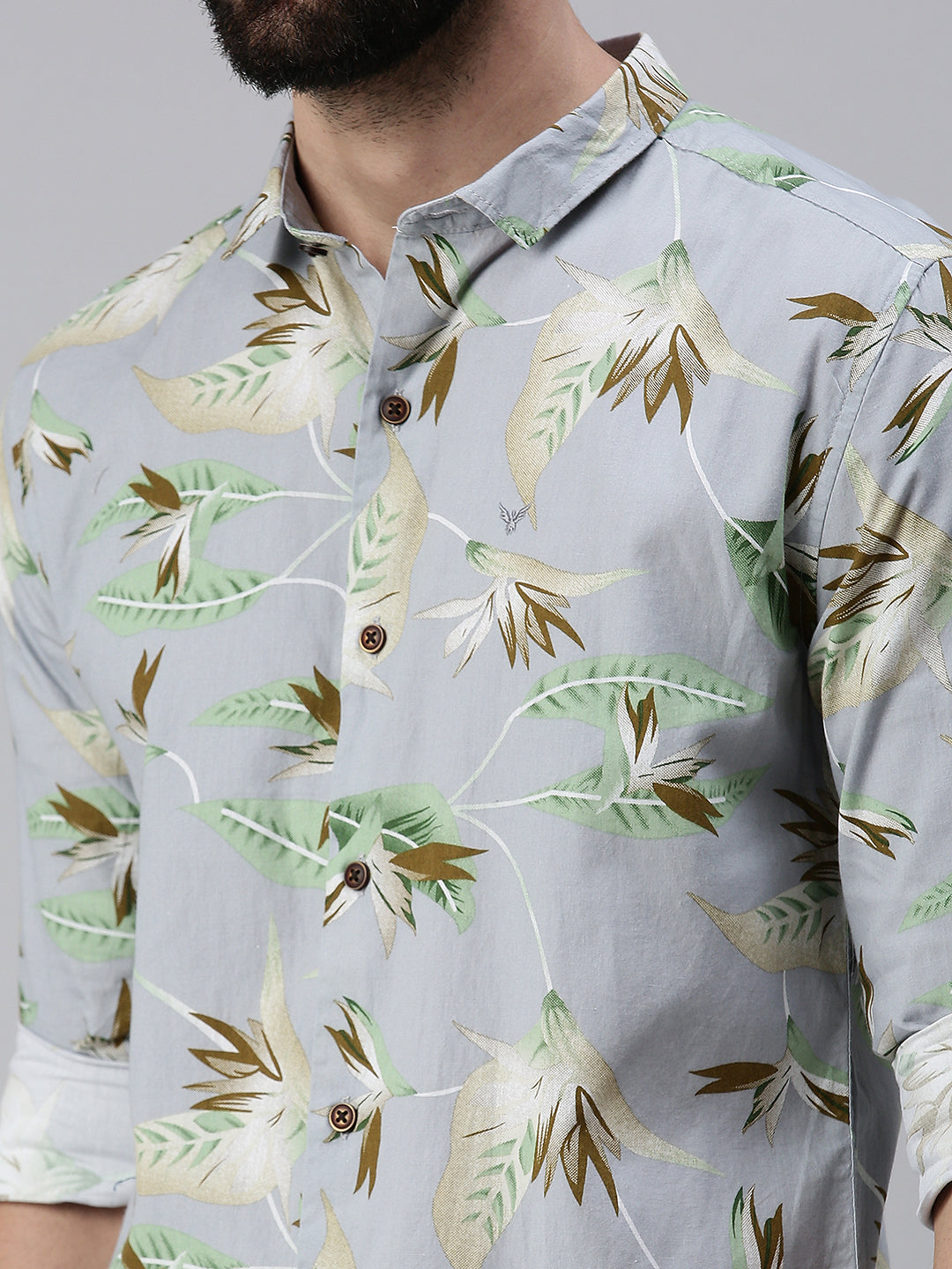 Men Spread Collar Printed Grey Shirt