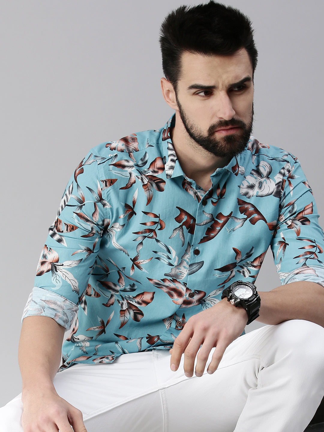 Men Spread Collar Printed Blue Shirt