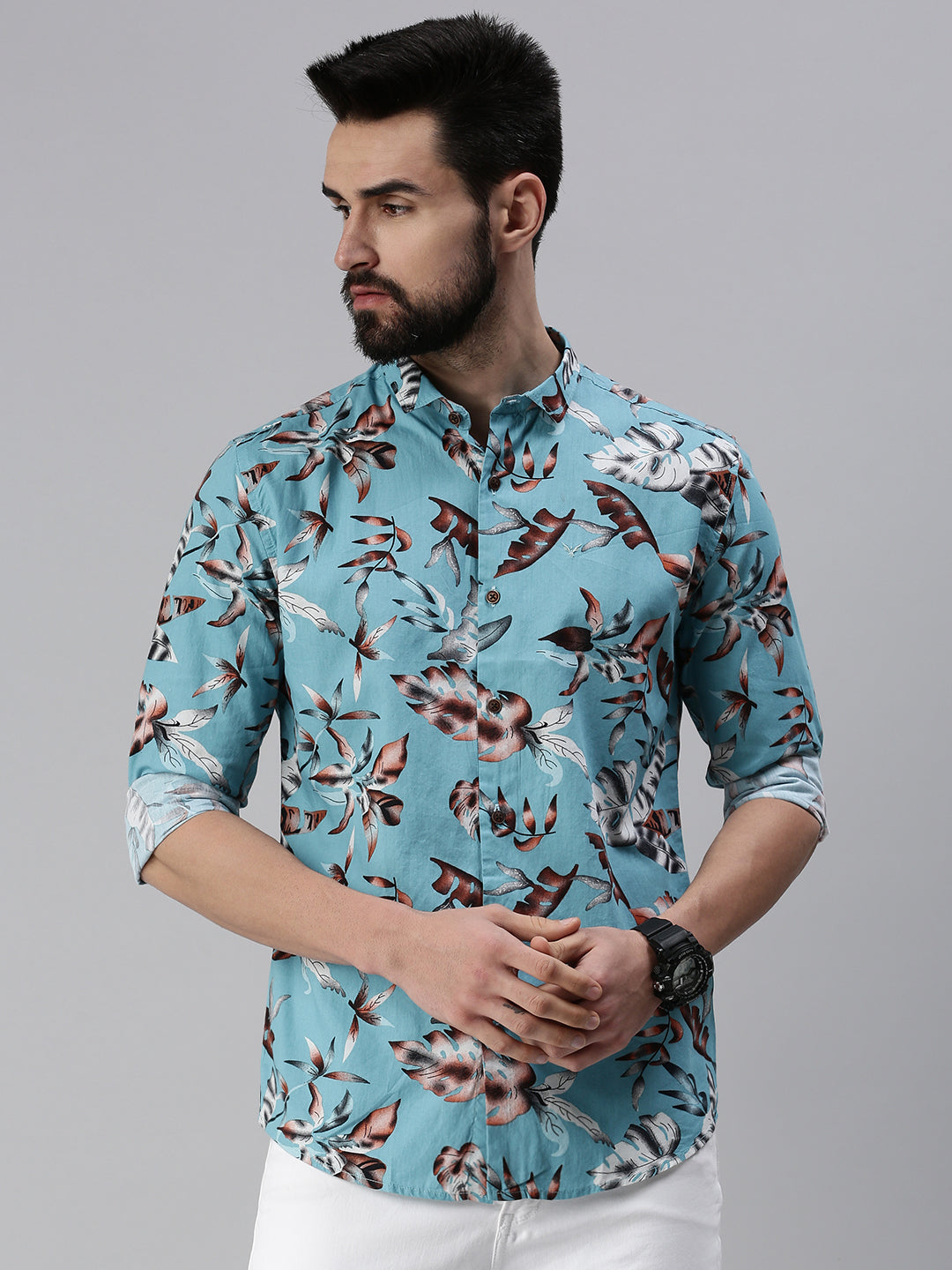 Men Spread Collar Printed Blue Shirt