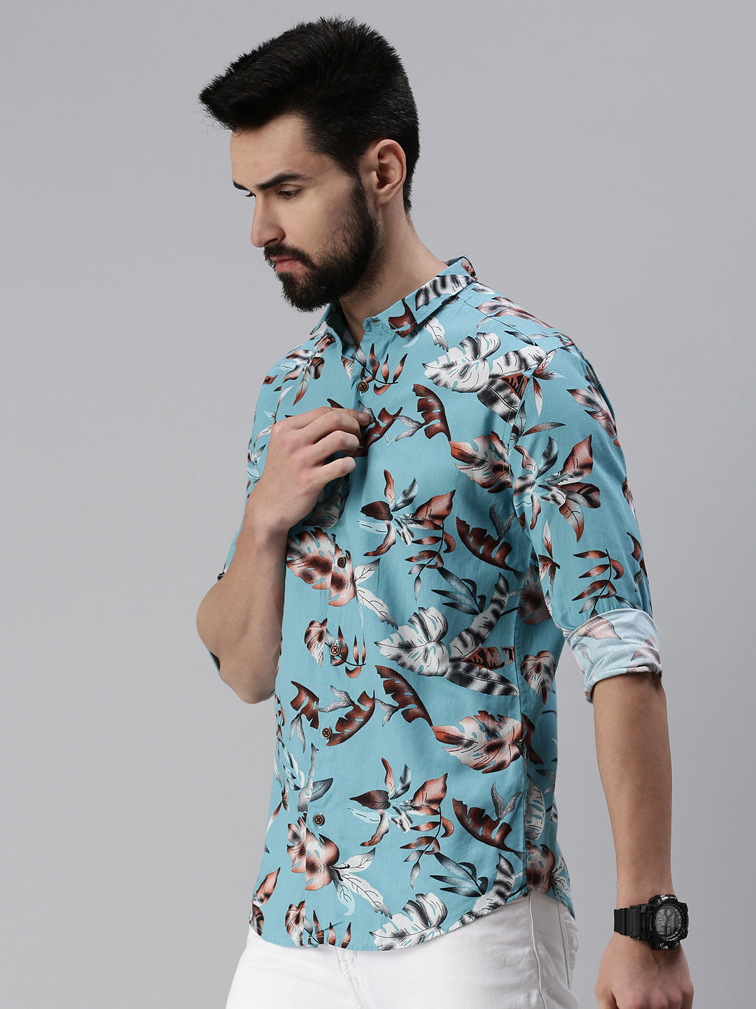 Men Spread Collar Printed Blue Shirt