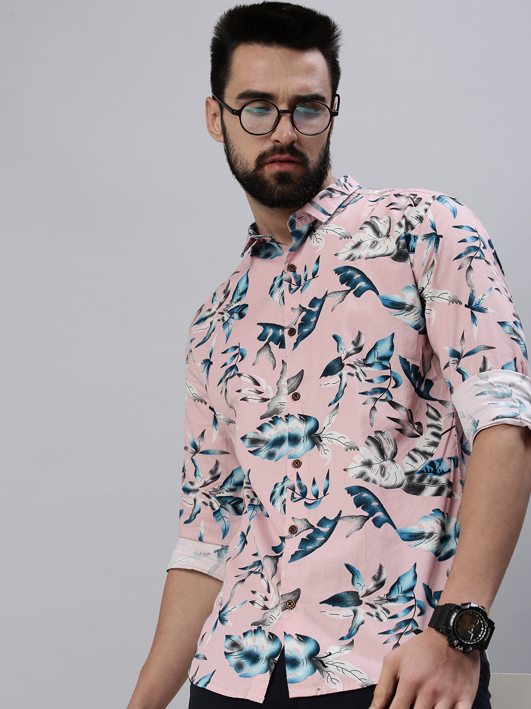 Men Spread Collar Printed Pink Shirt