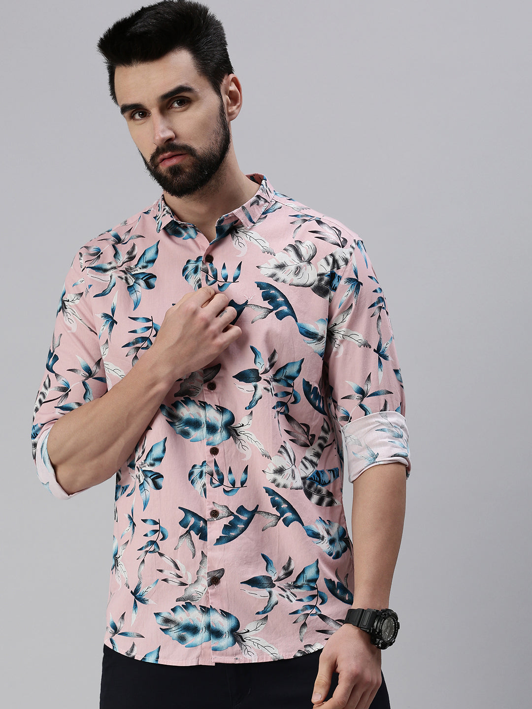 Men Spread Collar Printed Pink Shirt