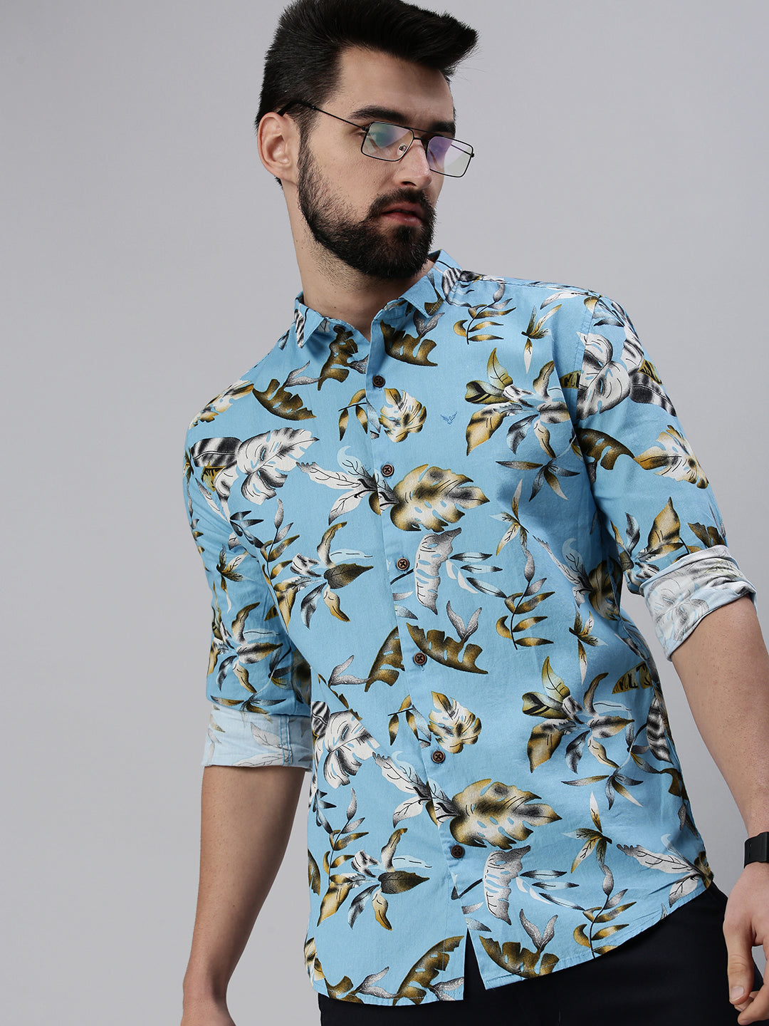 Men Spread Collar Printed Blue Shirt