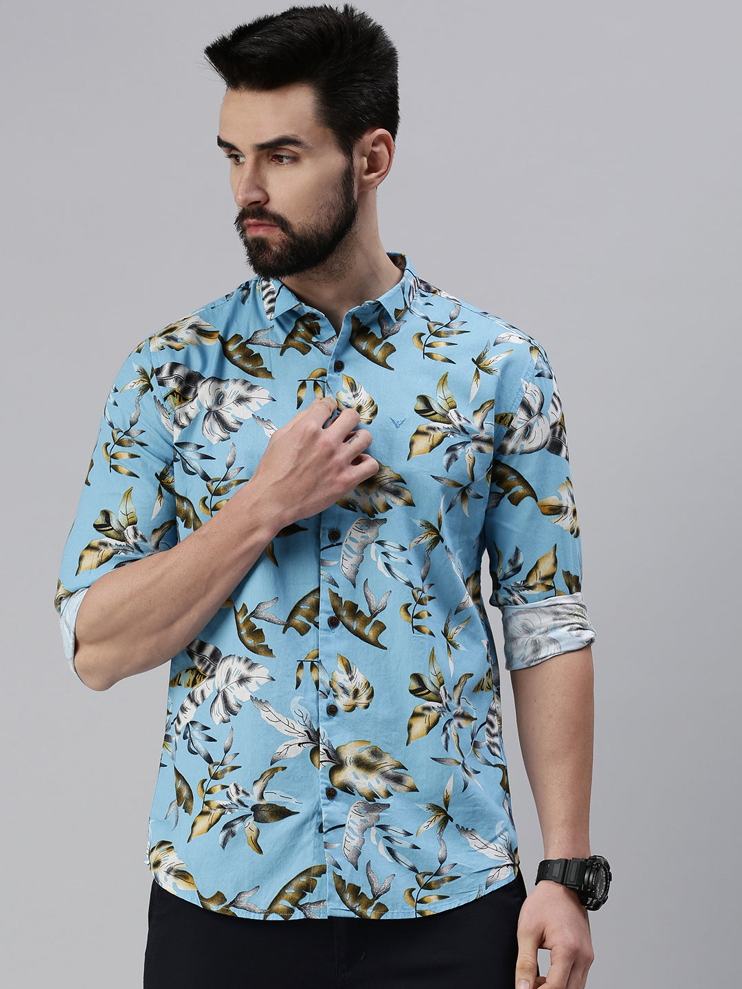 Men Spread Collar Printed Blue Shirt