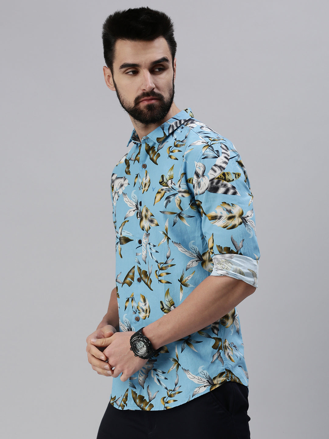 Men Spread Collar Printed Blue Shirt