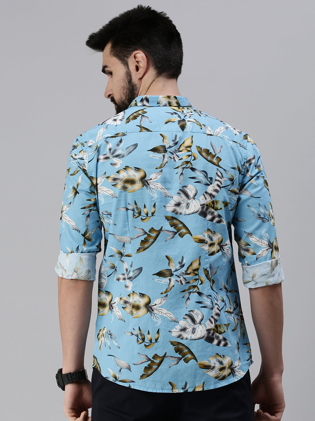 Men Spread Collar Printed Blue Shirt