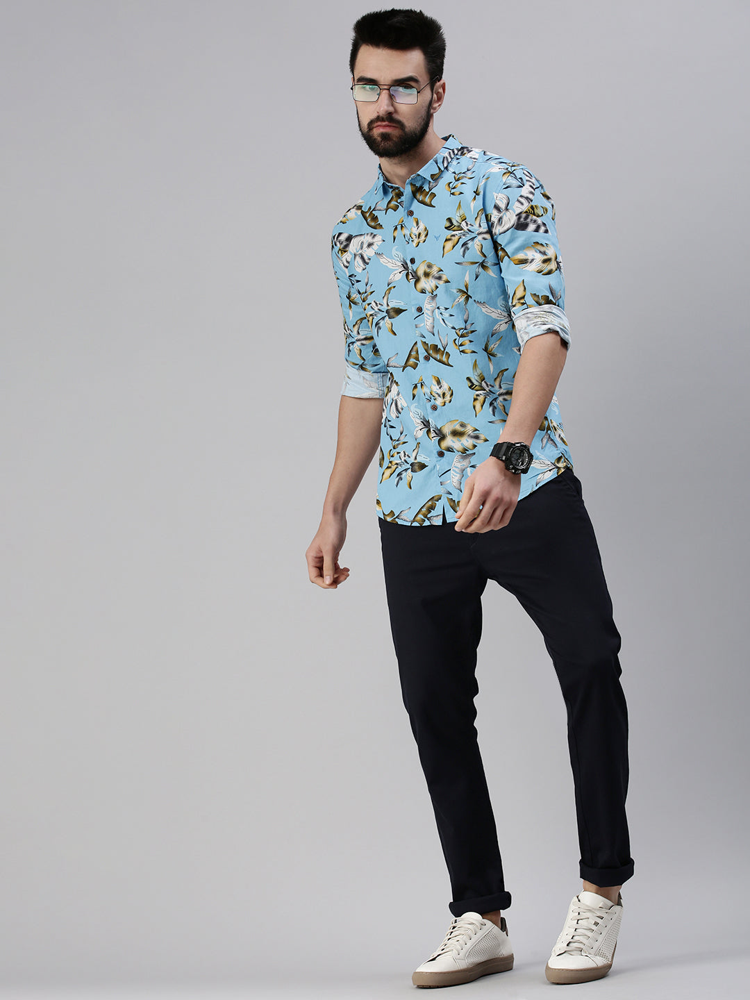 Men Spread Collar Printed Blue Shirt