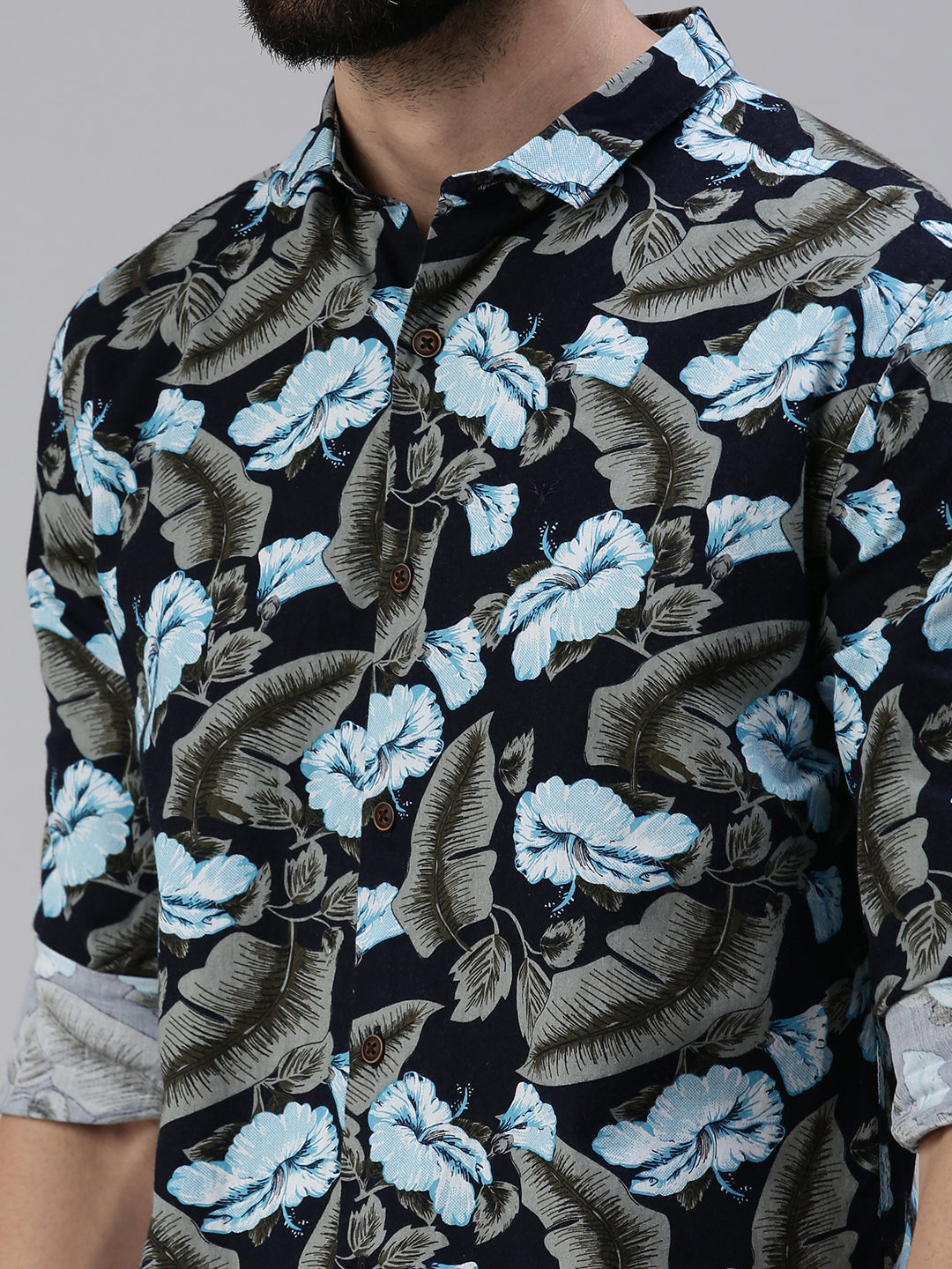 Men Spread Collar Printed Navy Blue Shirt