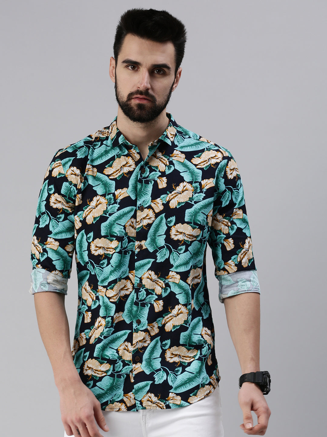 Men Spread Collar Printed Navy Blue Shirt