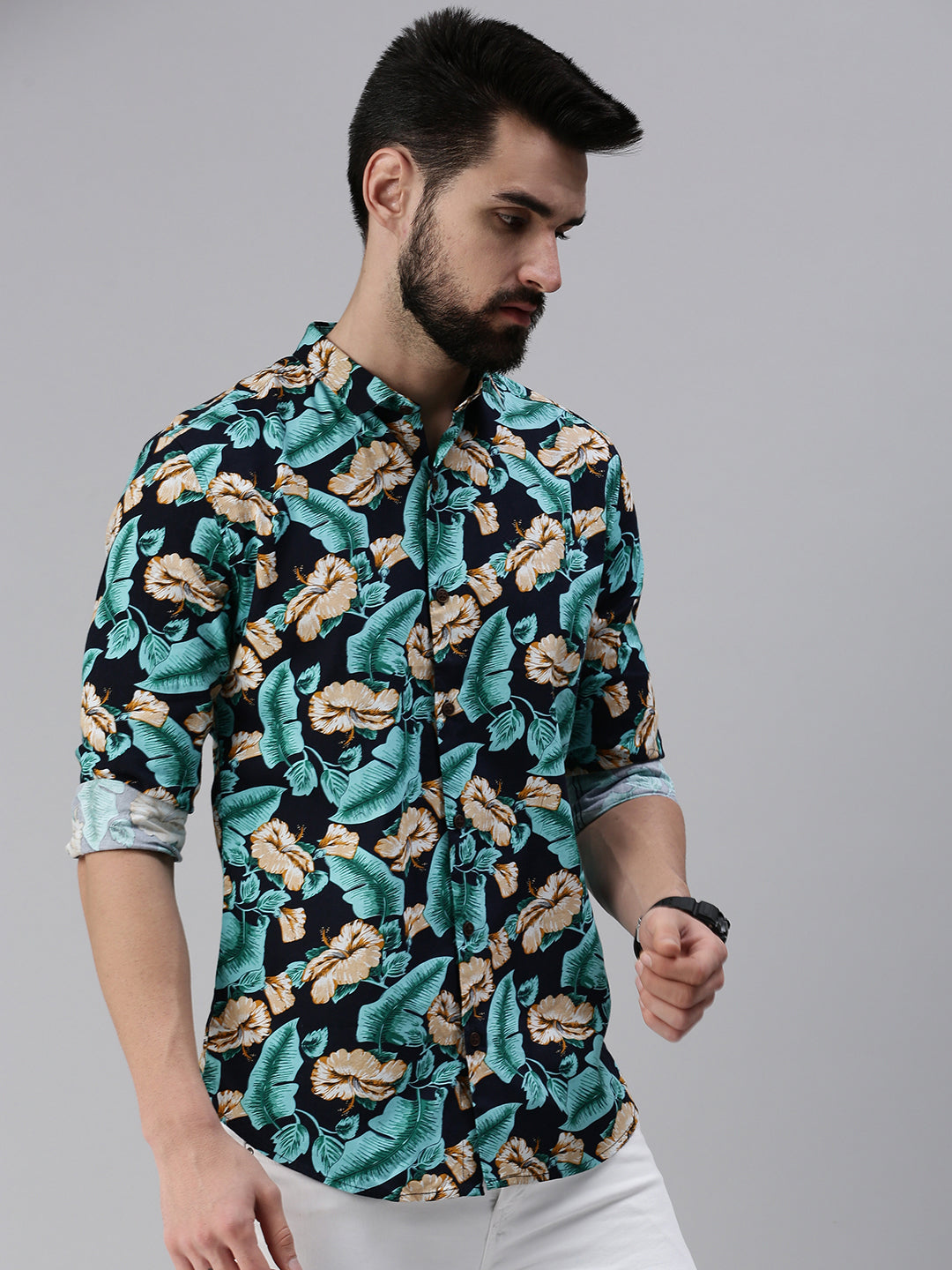 Men Spread Collar Printed Navy Blue Shirt