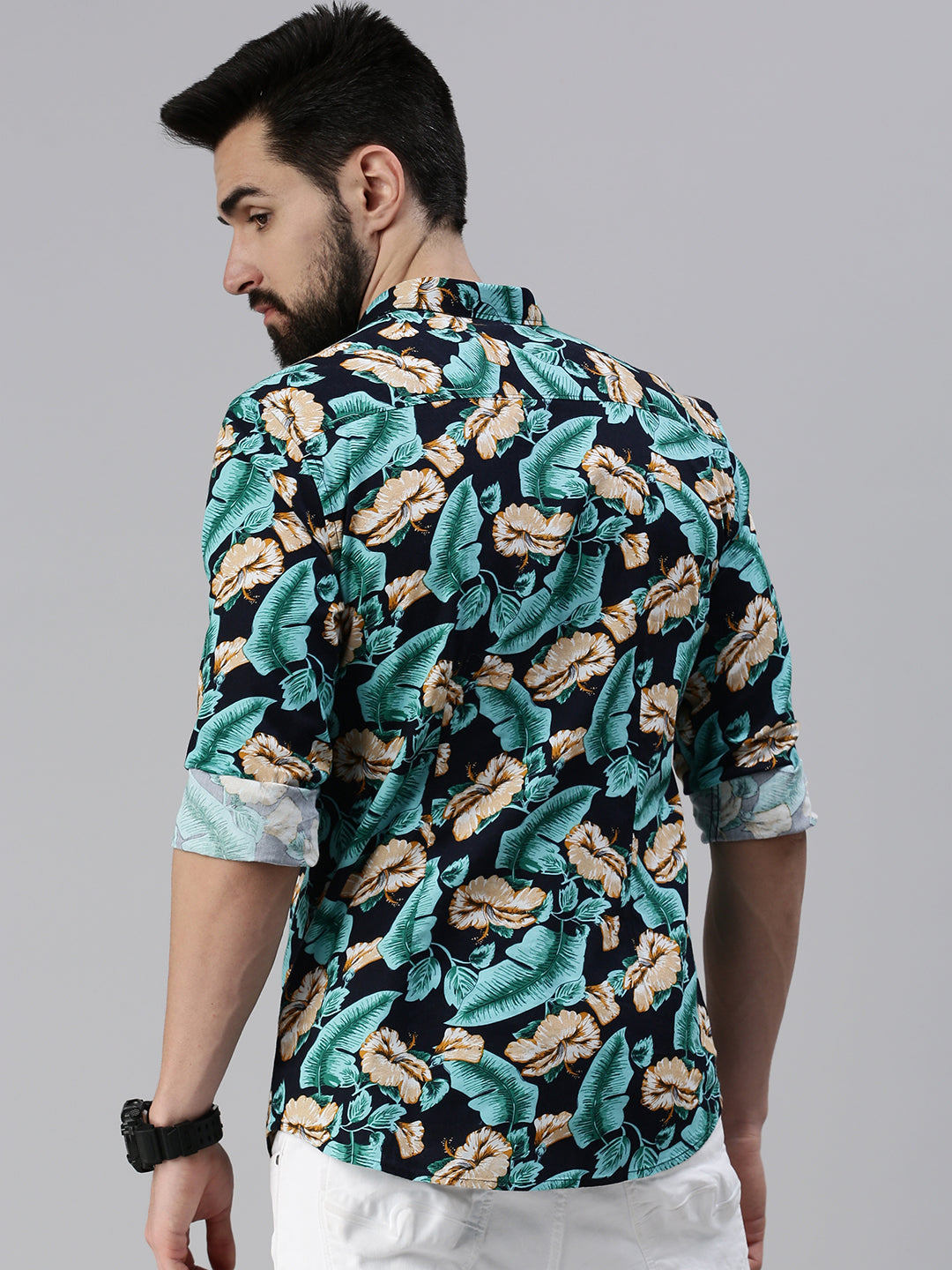 Men Spread Collar Printed Navy Blue Shirt