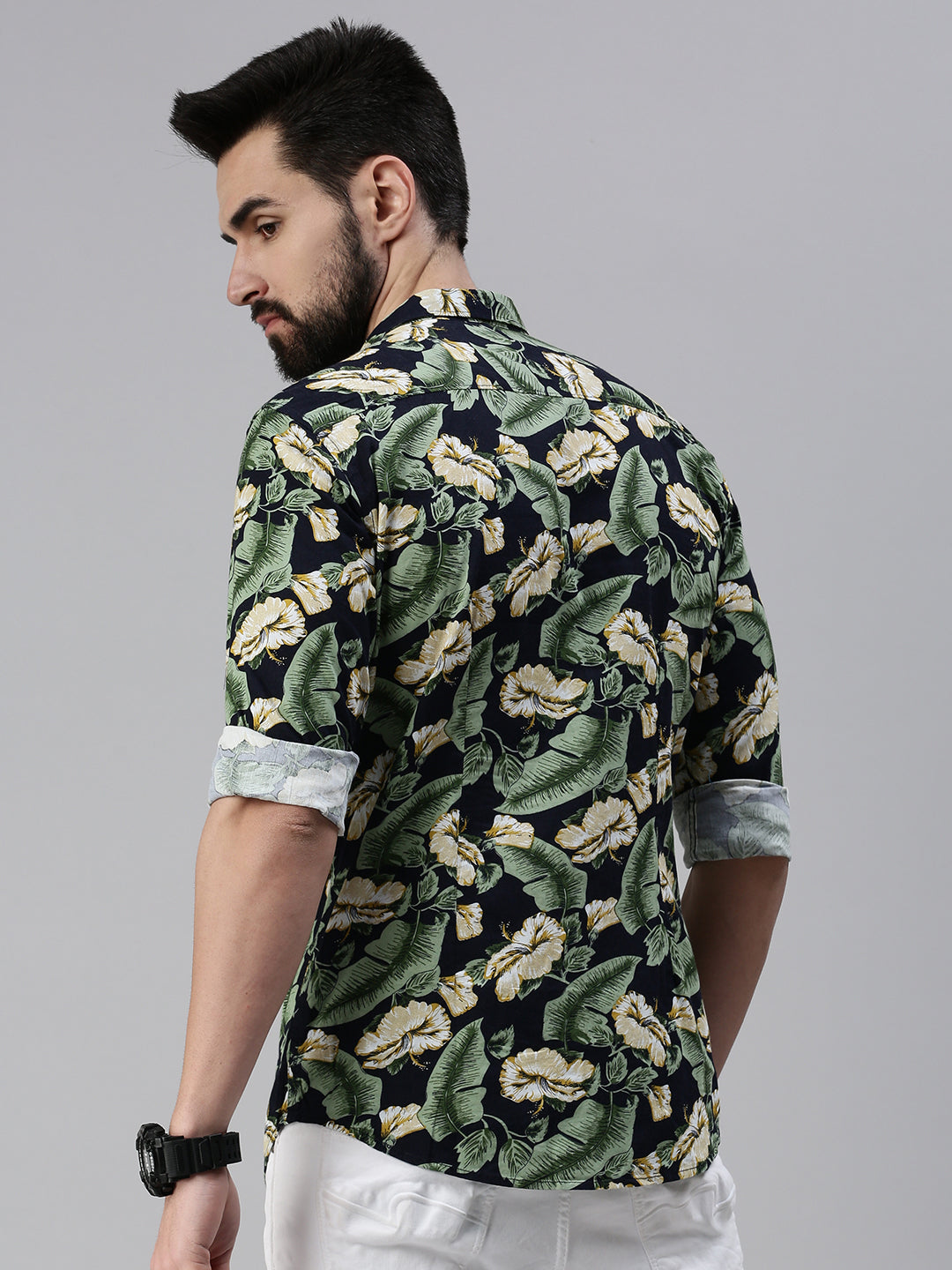 Men Spread Collar Printed Navy Blue Shirt