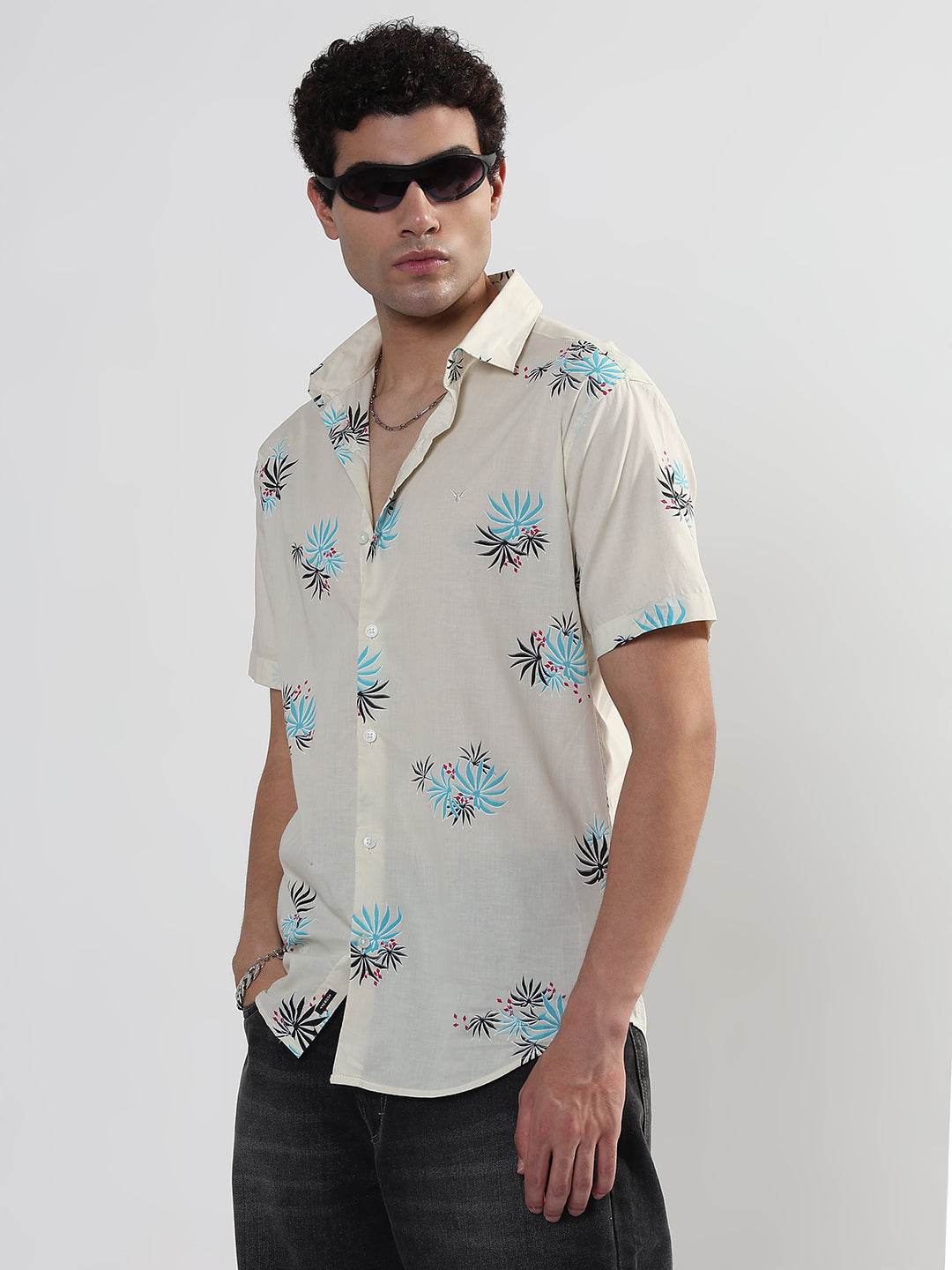Men's Cream Floral Slim Fit Casual Shirt