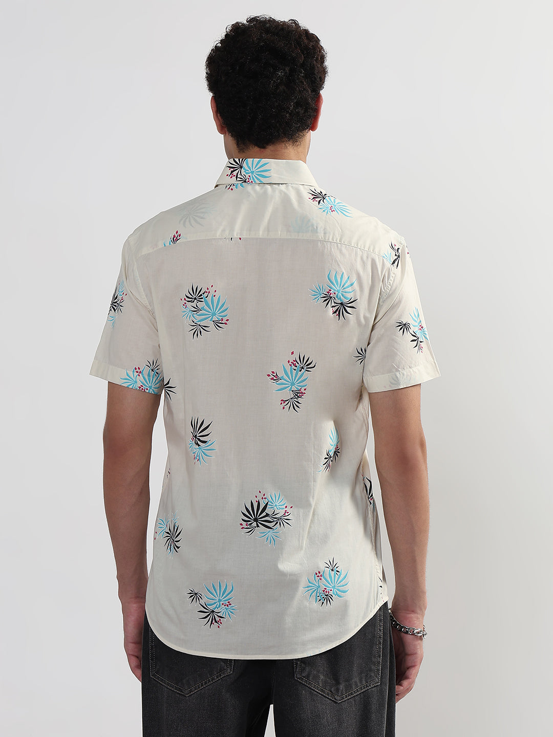 Men's Cream Floral Slim Fit Casual Shirt