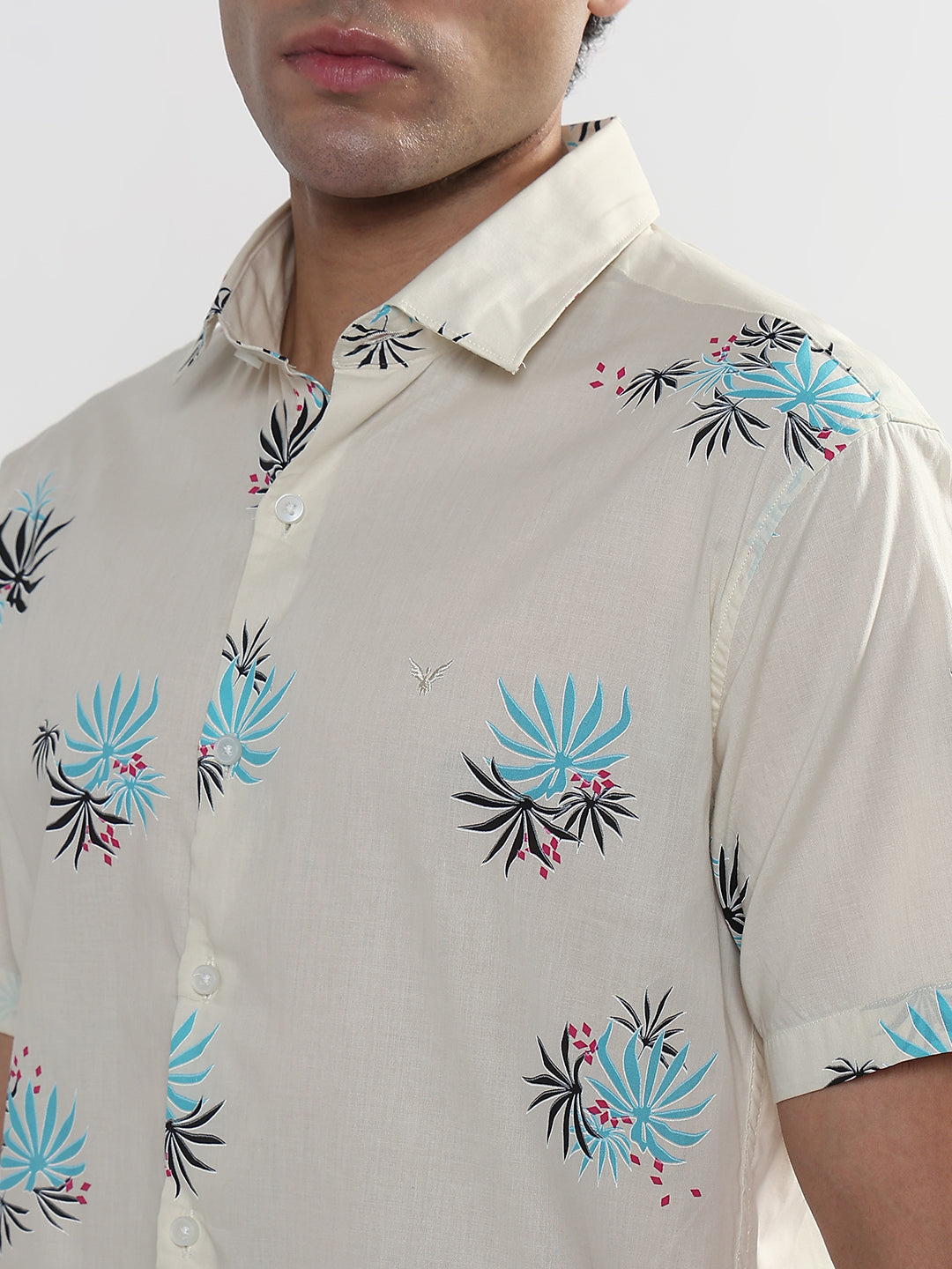 Men's Cream Floral Slim Fit Casual Shirt