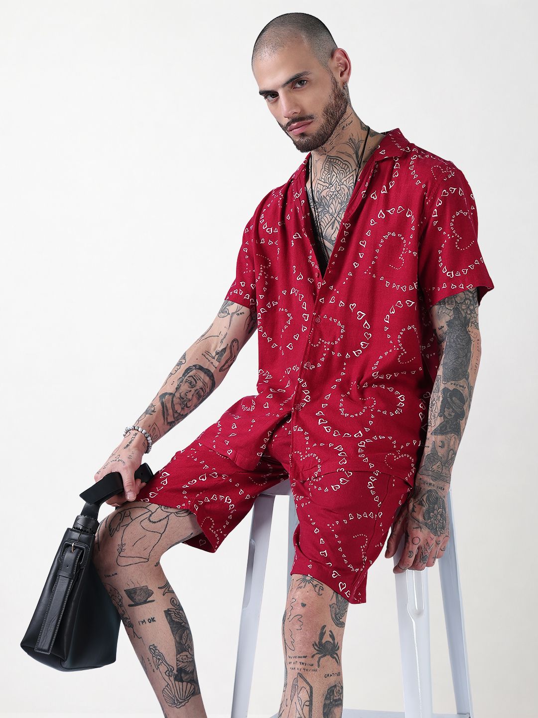 Men's Red Printed Cuban Collar Relaxed Fit Co-Ords Set