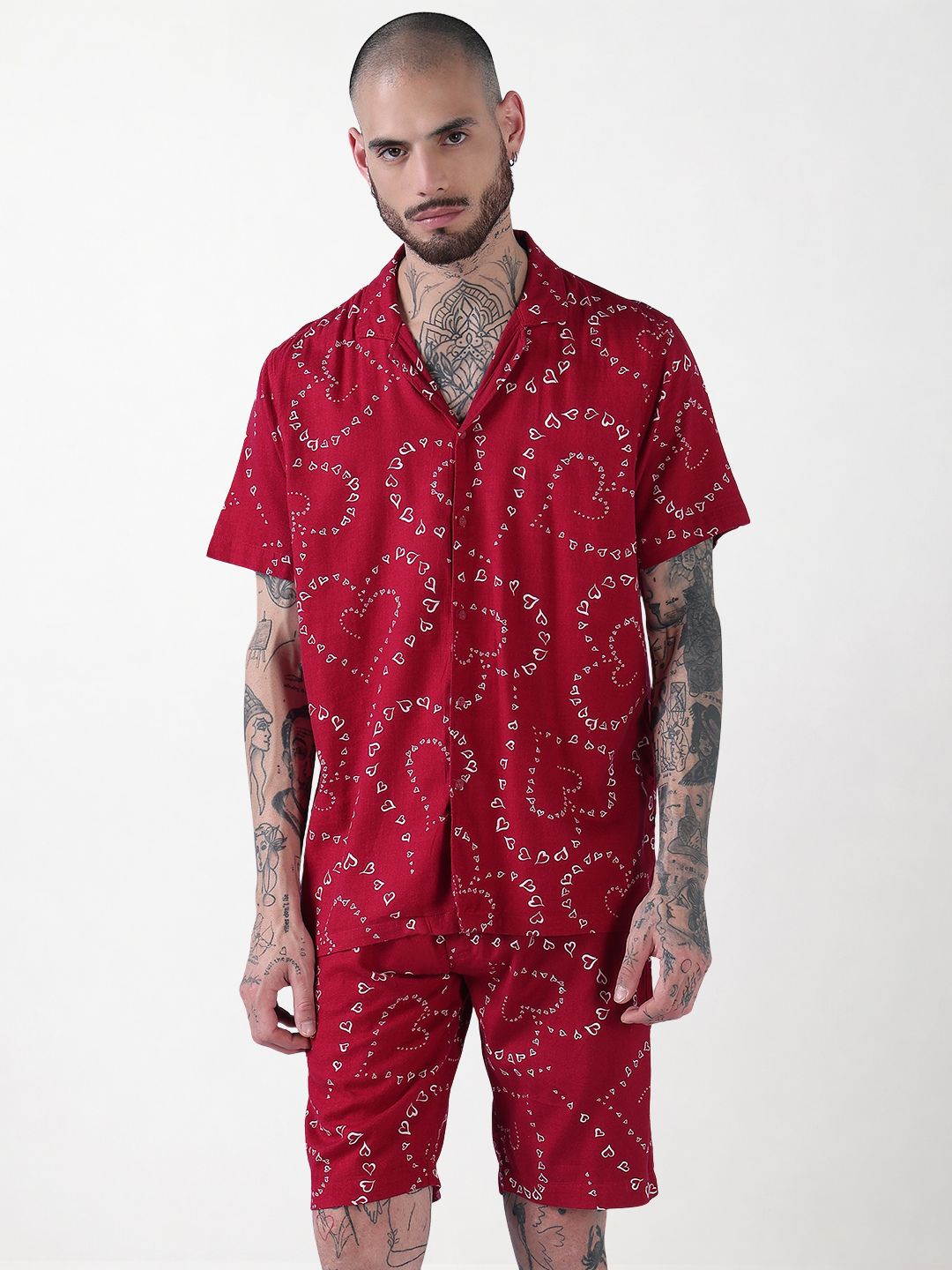 Men's Red Printed Cuban Collar Relaxed Fit Co-Ords Set