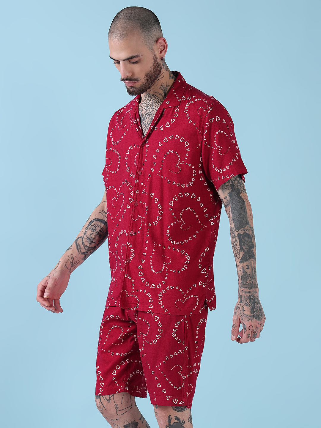 Men's Red Printed Cuban Collar Relaxed Fit Co-Ords Set