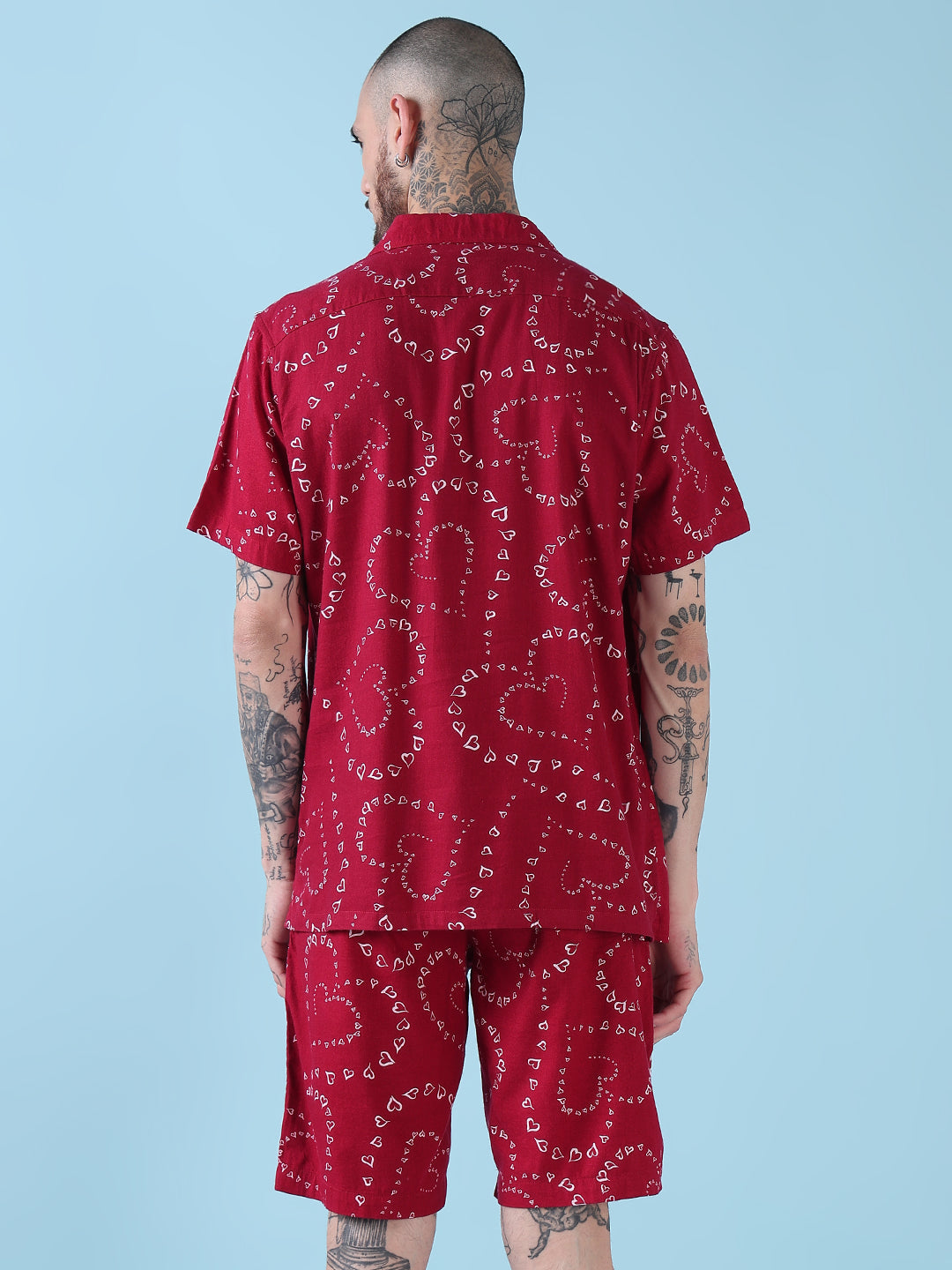 Men's Red Printed Cuban Collar Relaxed Fit Co-Ords Set