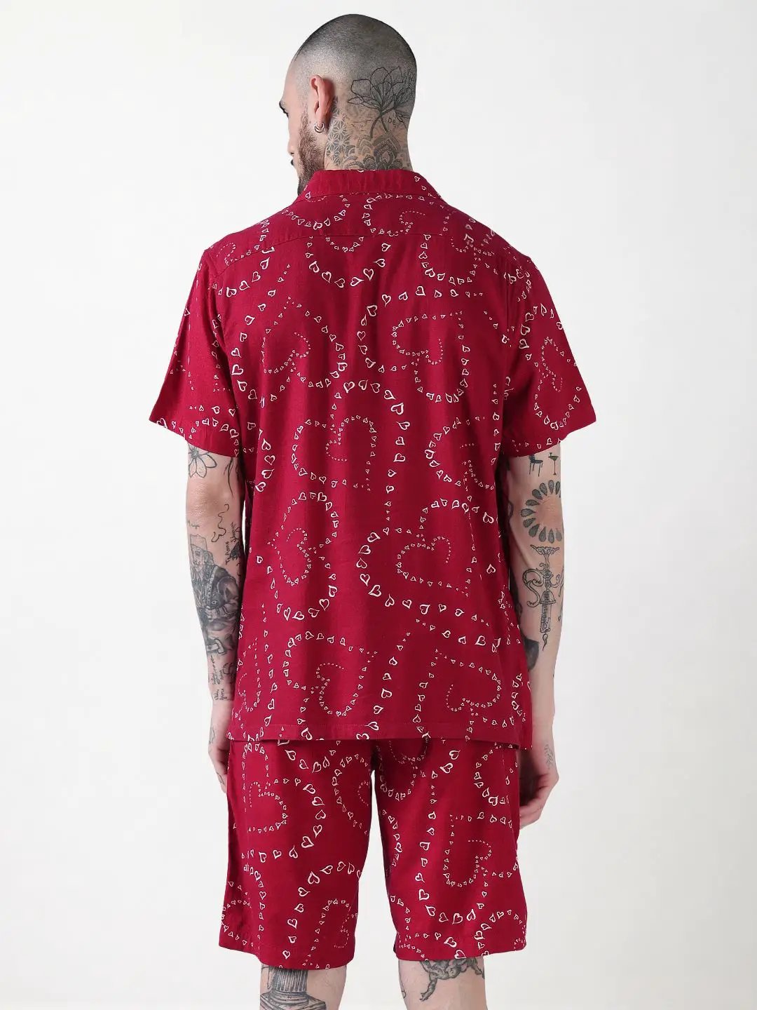 Men's Red Printed Cuban Collar Relaxed Fit Co-Ords Set