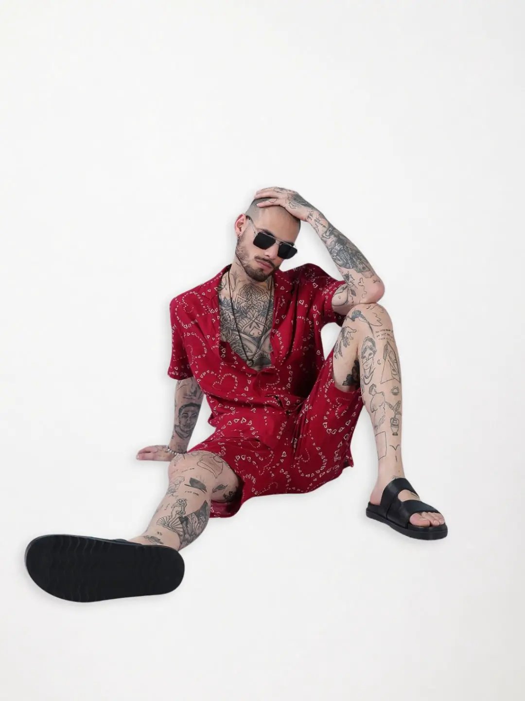 Men's Red Printed Cuban Collar Relaxed Fit Co-Ords Set