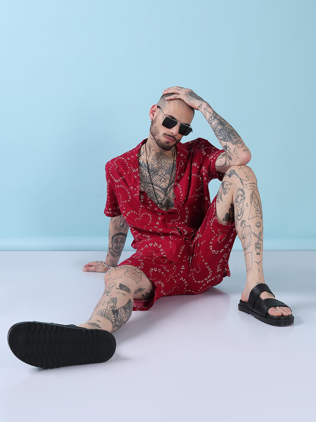 Men's Red Printed Cuban Collar Relaxed Fit Co-Ords Set