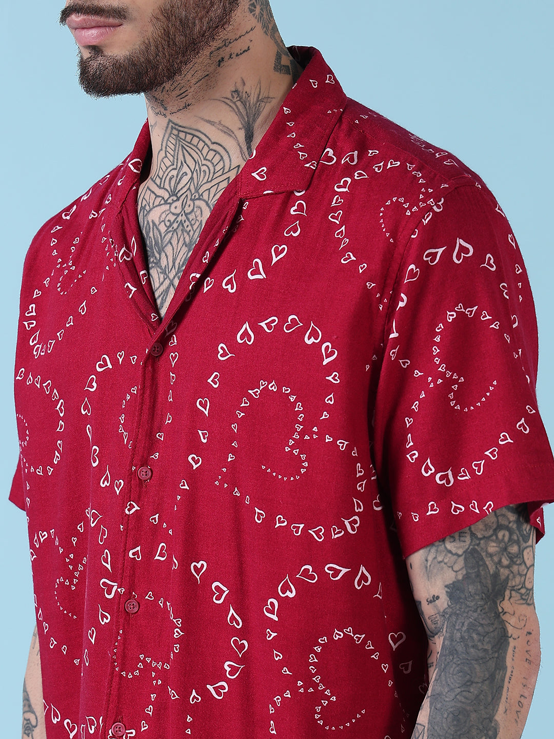 Men's Red Printed Cuban Collar Relaxed Fit Co-Ords Set