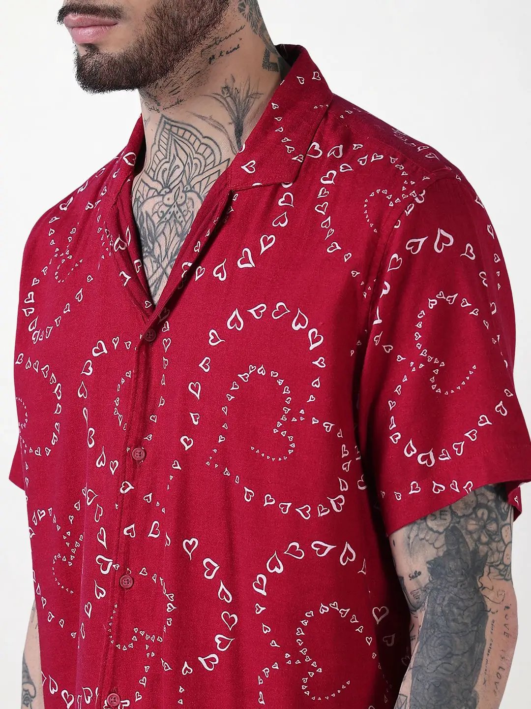 Men's Red Printed Cuban Collar Relaxed Fit Co-Ords Set