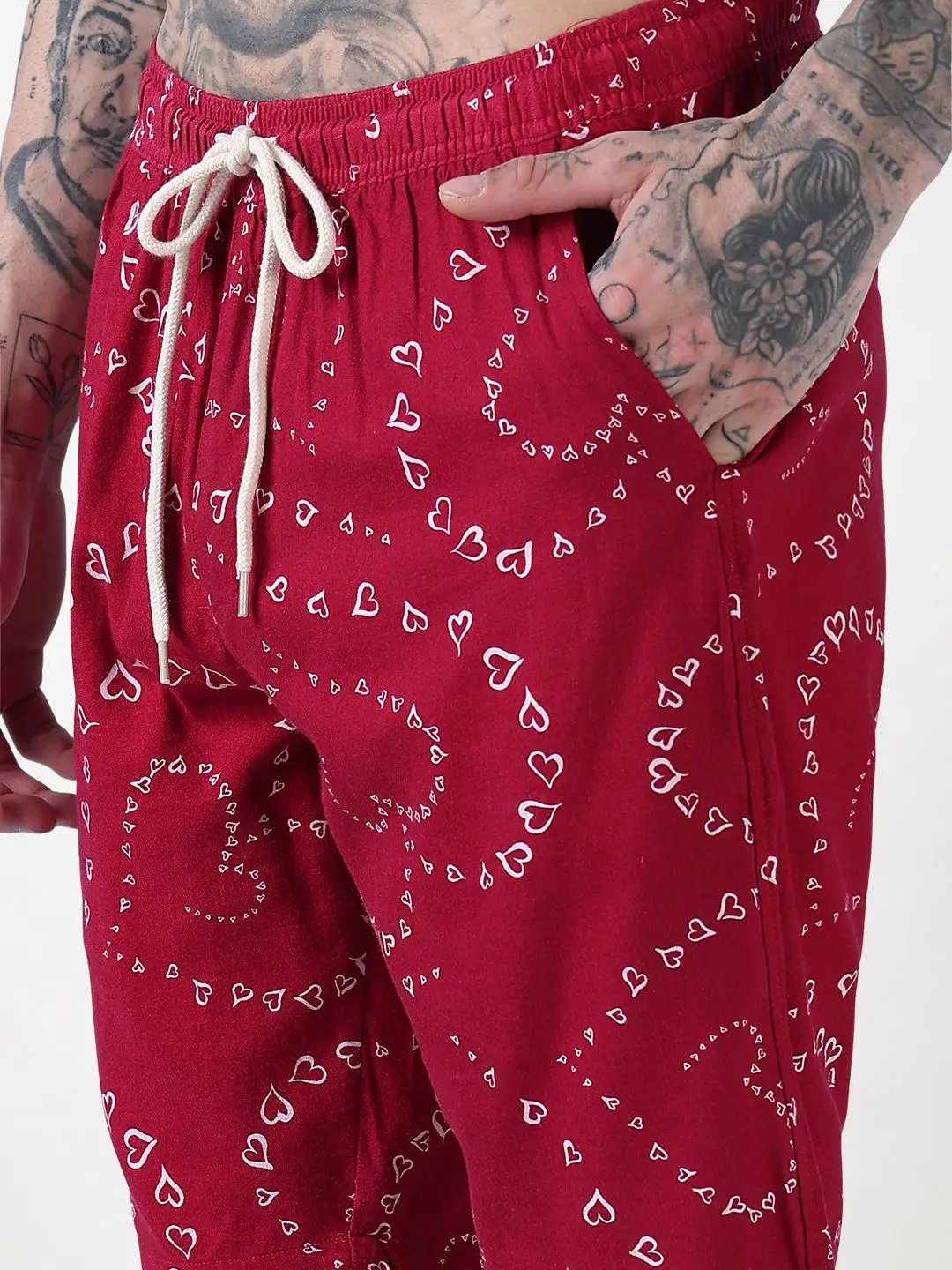 Men's Red Printed Cuban Collar Relaxed Fit Co-Ords Set