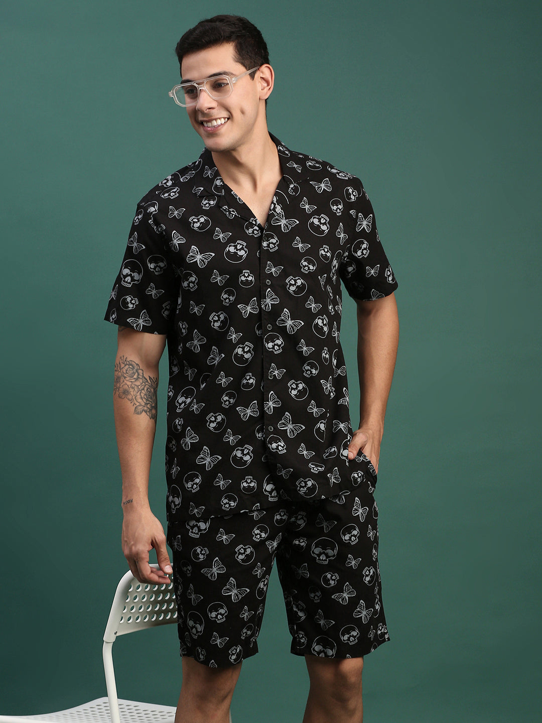 Men Printed Cuban Collar Black Relaxed Fit Co Ords Set