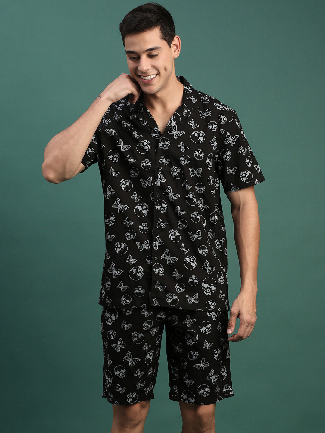 Men Printed Cuban Collar Black Relaxed Fit Co Ords Set