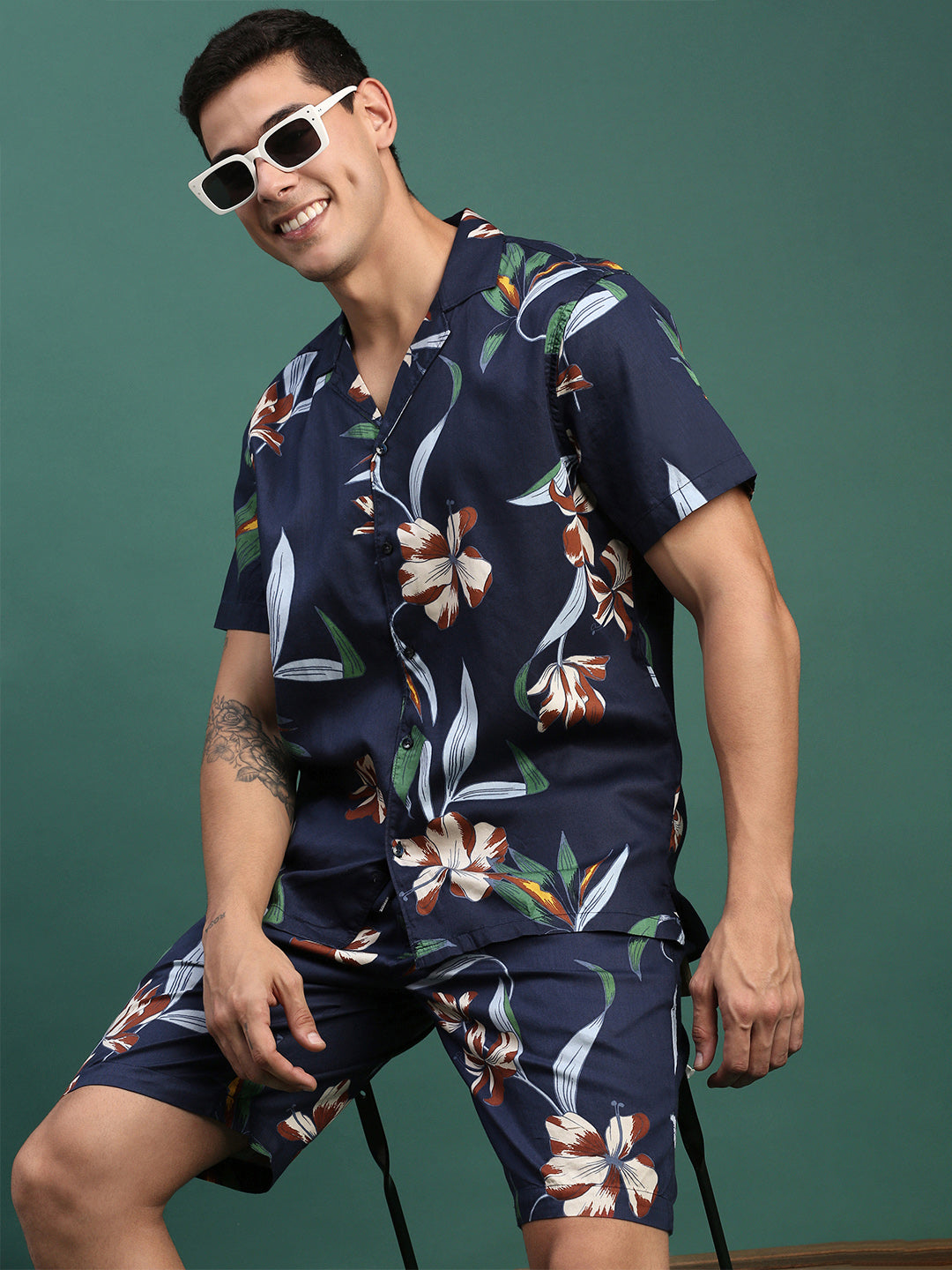 Men Printed Cuban Collar Navy Blue Relaxed Fit Co Ords Set