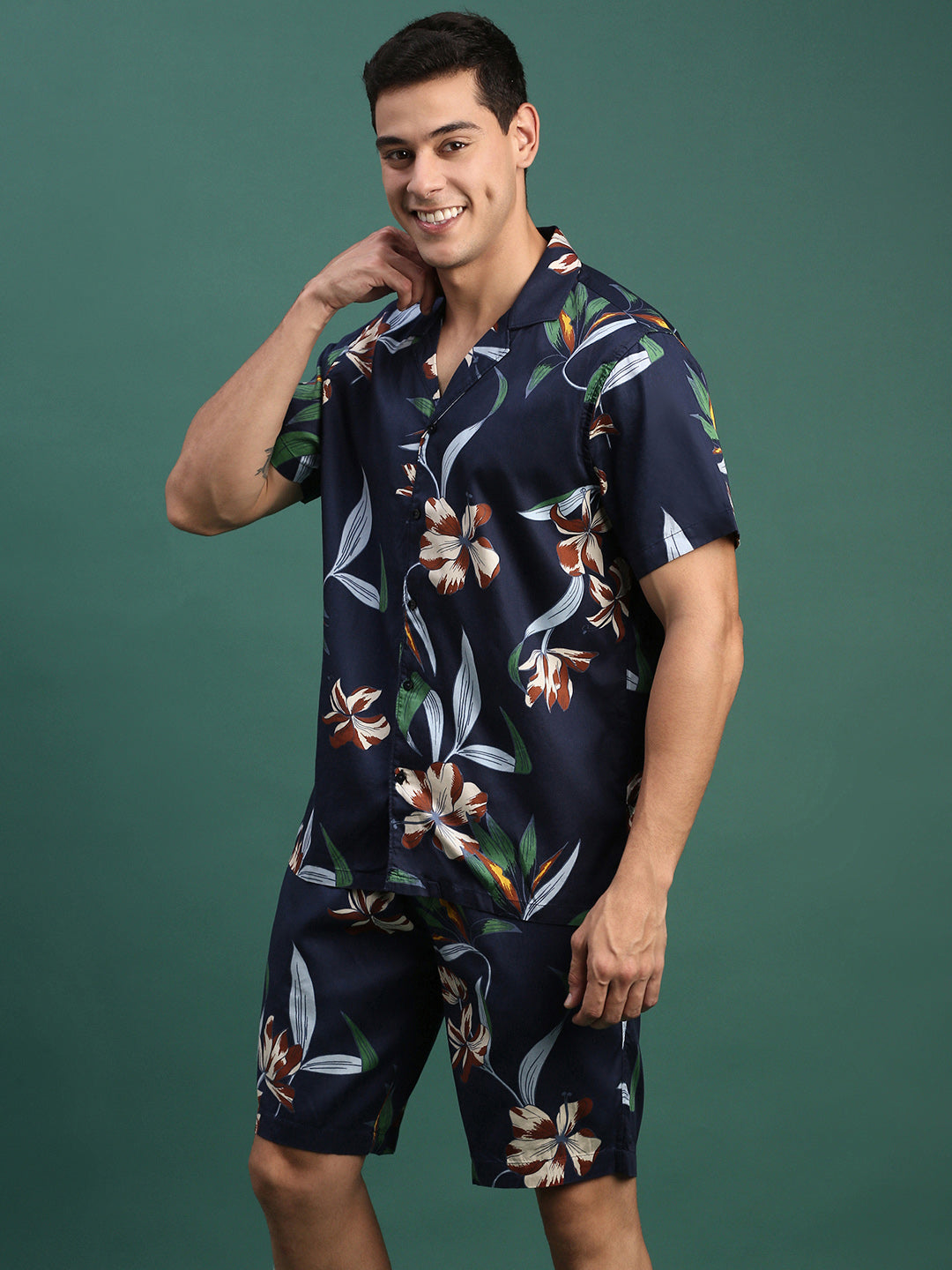 Men Printed Cuban Collar Navy Blue Relaxed Fit Co Ords Set