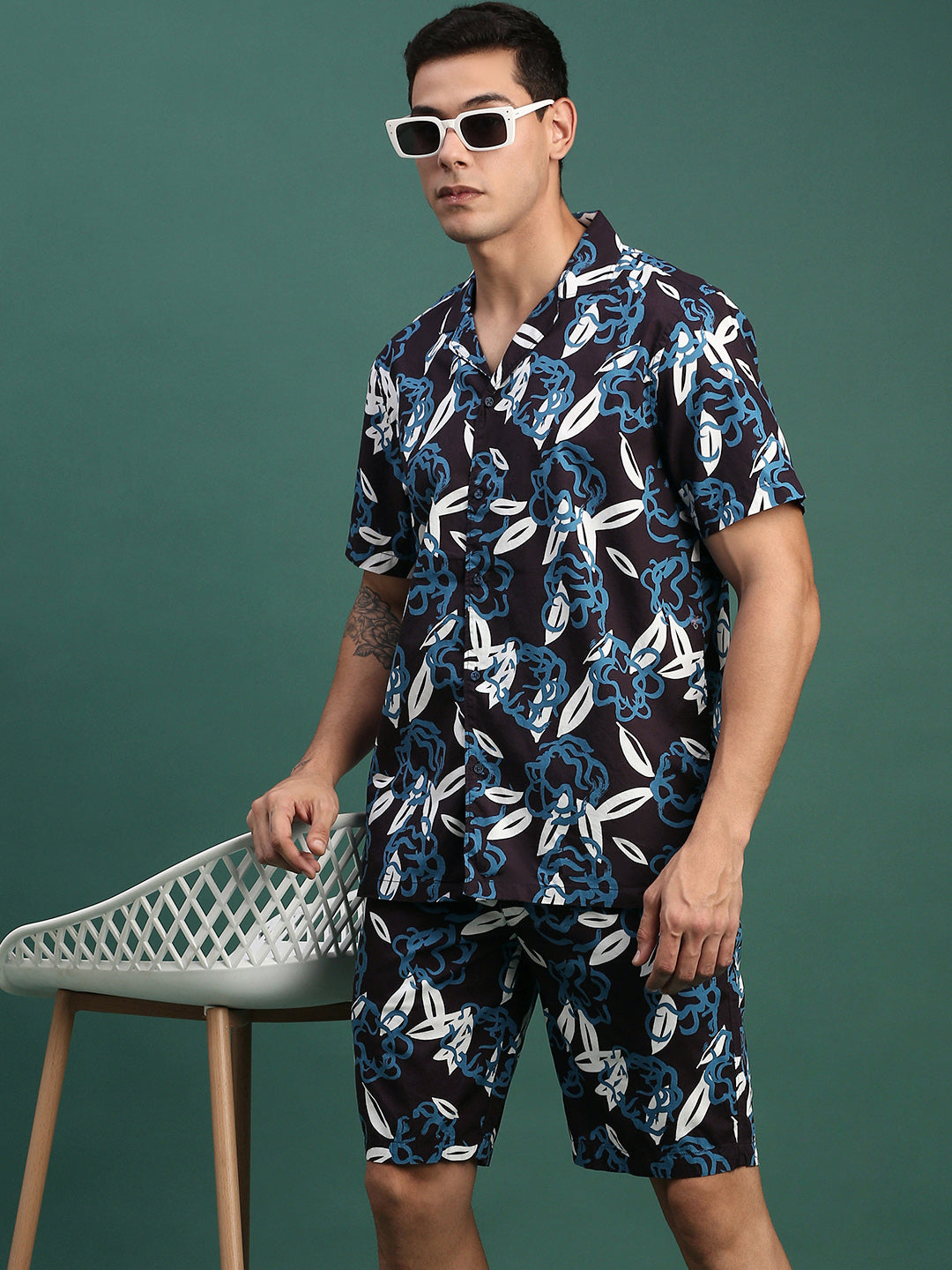 Men Printed Cuban Collar Navy Blue Relaxed Fit Co Ords Set