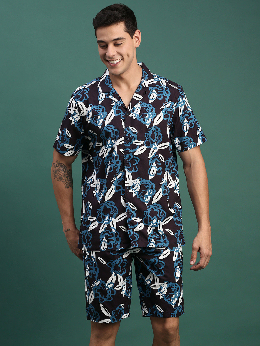 Men Printed Cuban Collar Navy Blue Relaxed Fit Co Ords Set