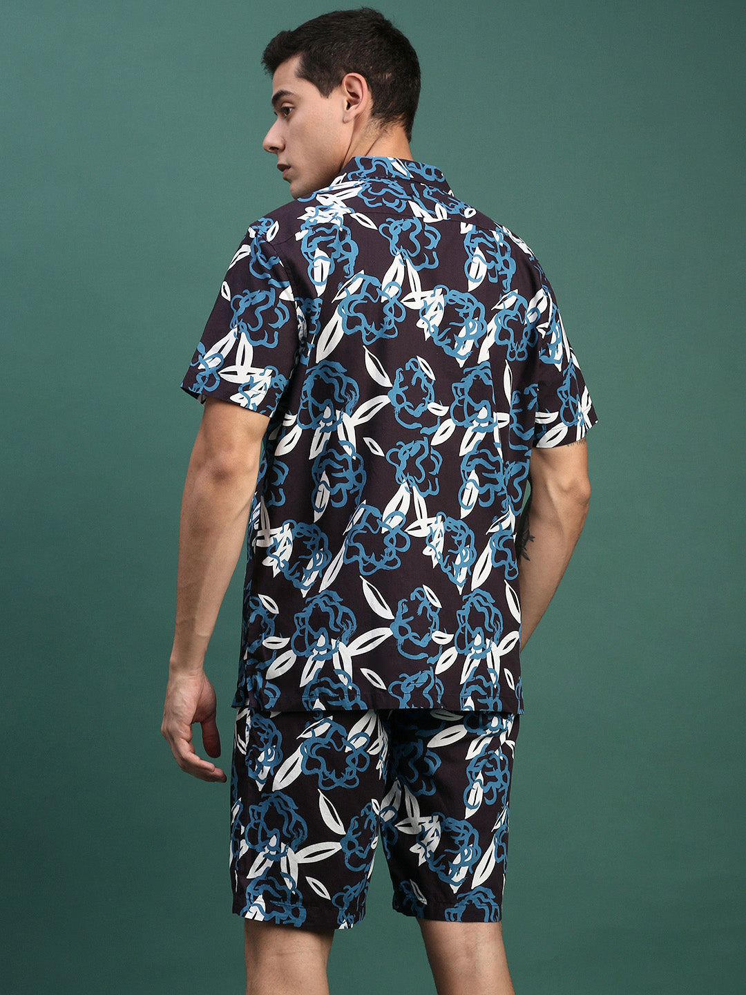 Men Printed Cuban Collar Navy Blue Relaxed Fit Co Ords Set