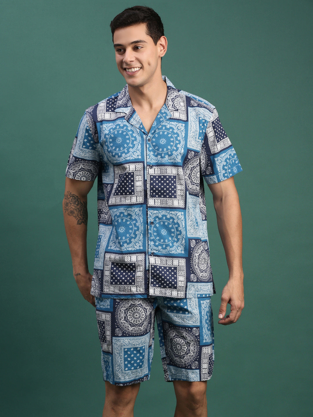 Men Printed Cuban Collar Blue Relaxed Fit Co Ords Set