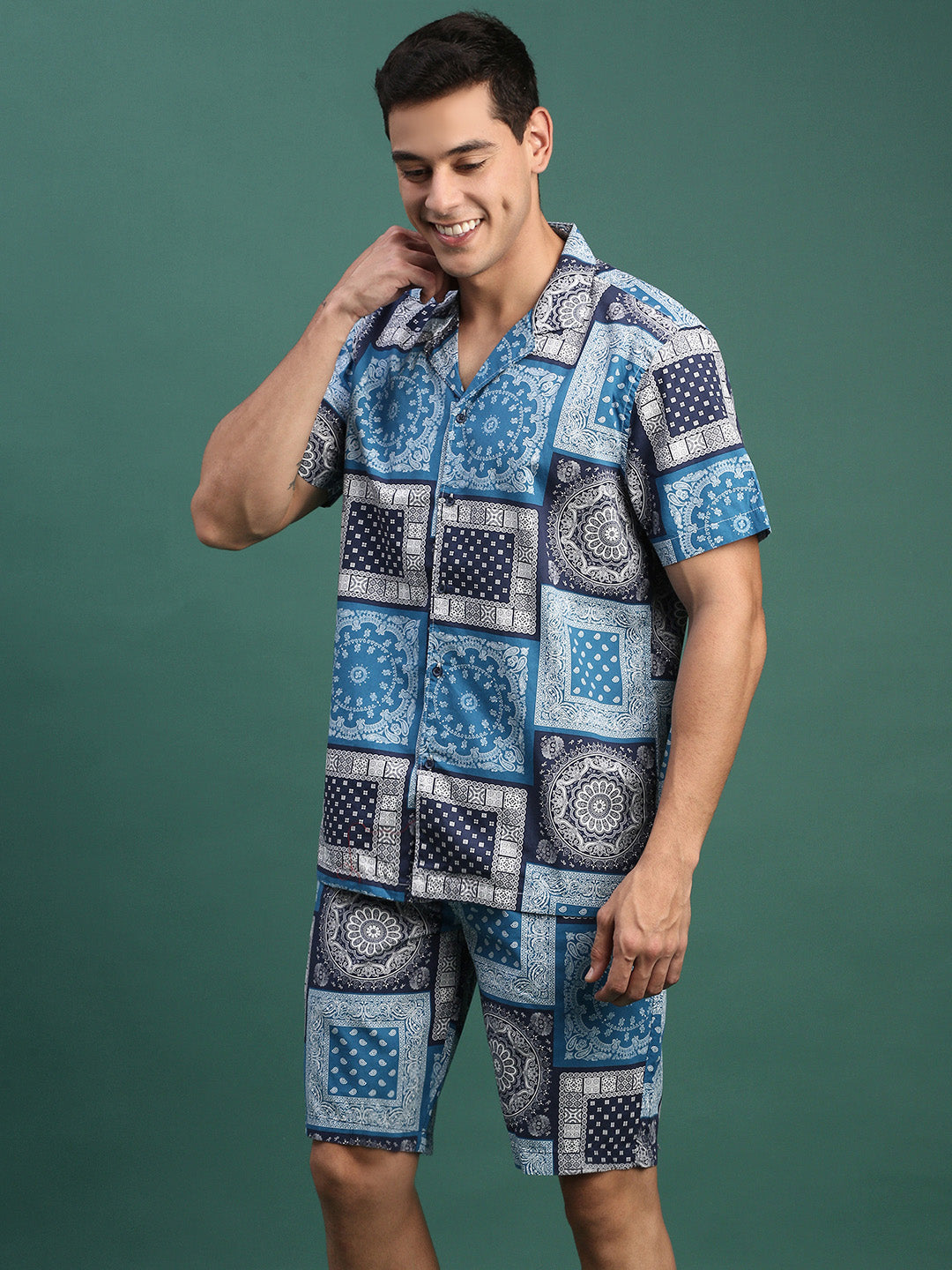 Men Printed Cuban Collar Blue Relaxed Fit Co Ords Set