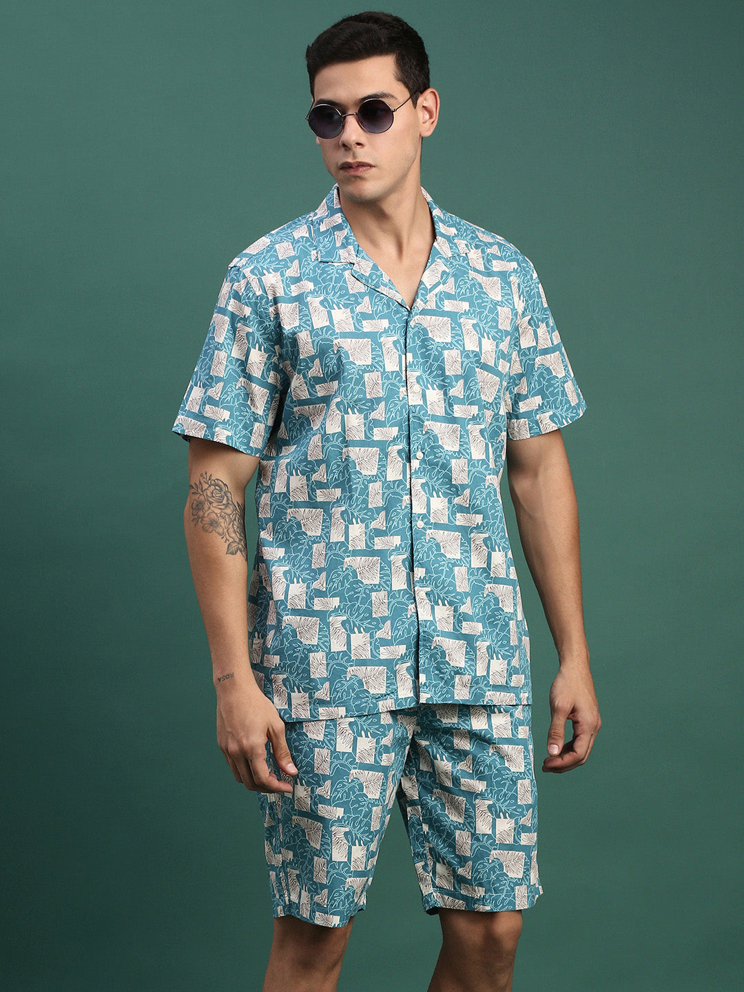 Men Printed Cuban Collar Blue Relaxed Fit Co Ords Set