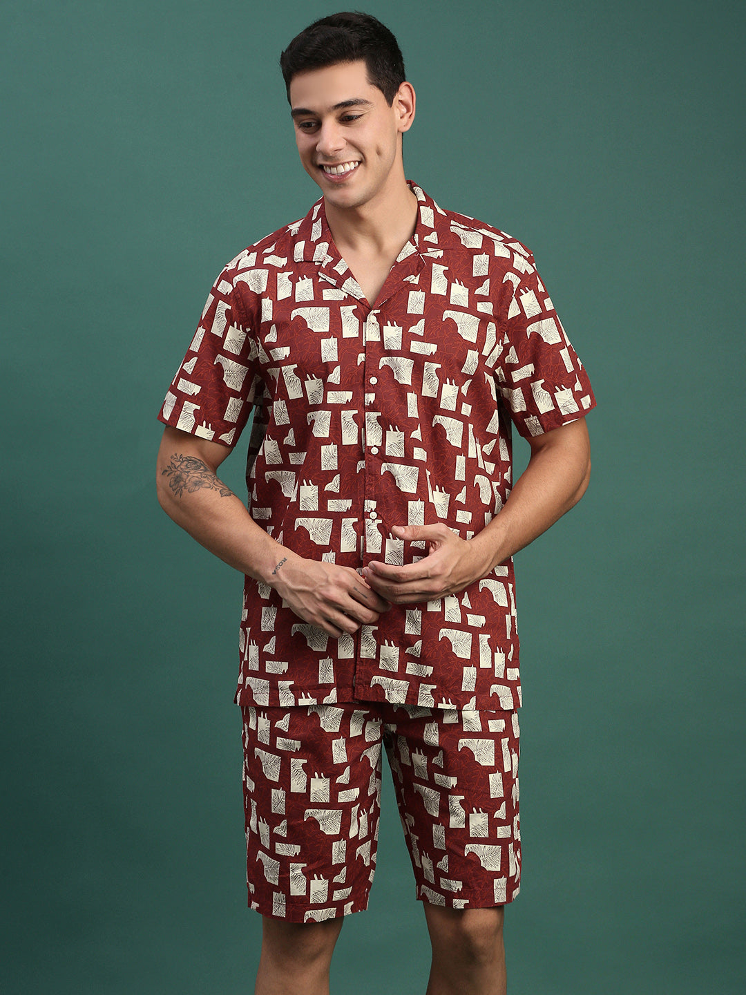 Men Printed Cuban Collar Maroon Relaxed Fit Co Ords Set