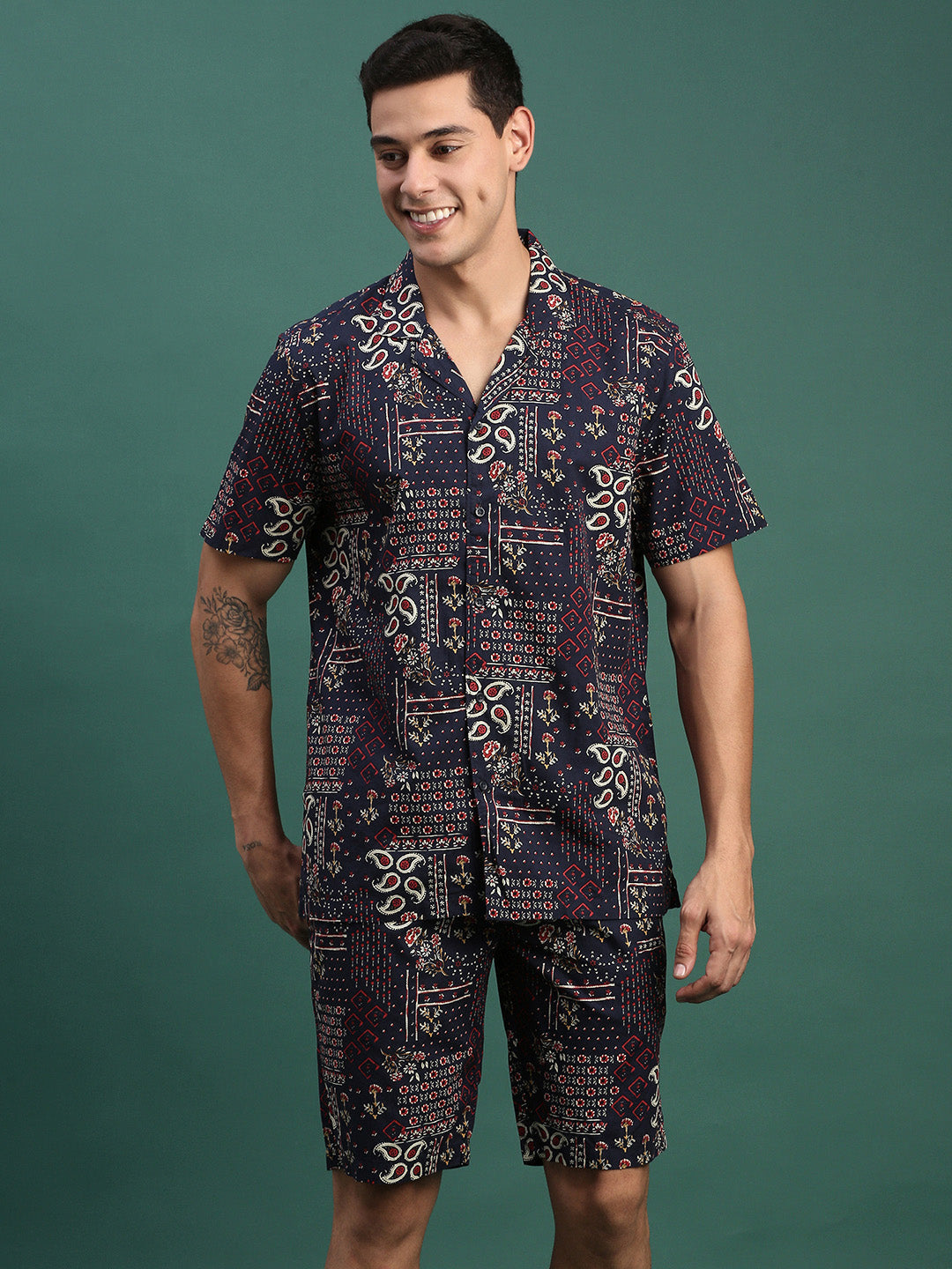 Men Printed Cuban Collar Navy Blue Relaxed Fit Co Ords Set