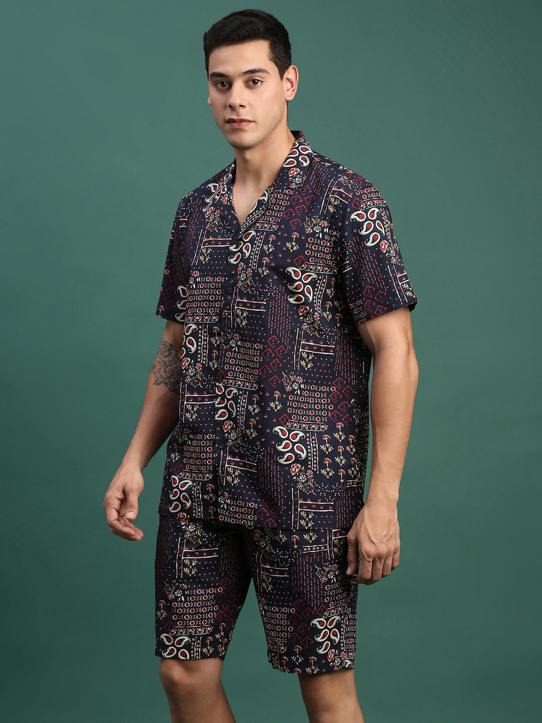 Men Printed Cuban Collar Navy Blue Relaxed Fit Co Ords Set