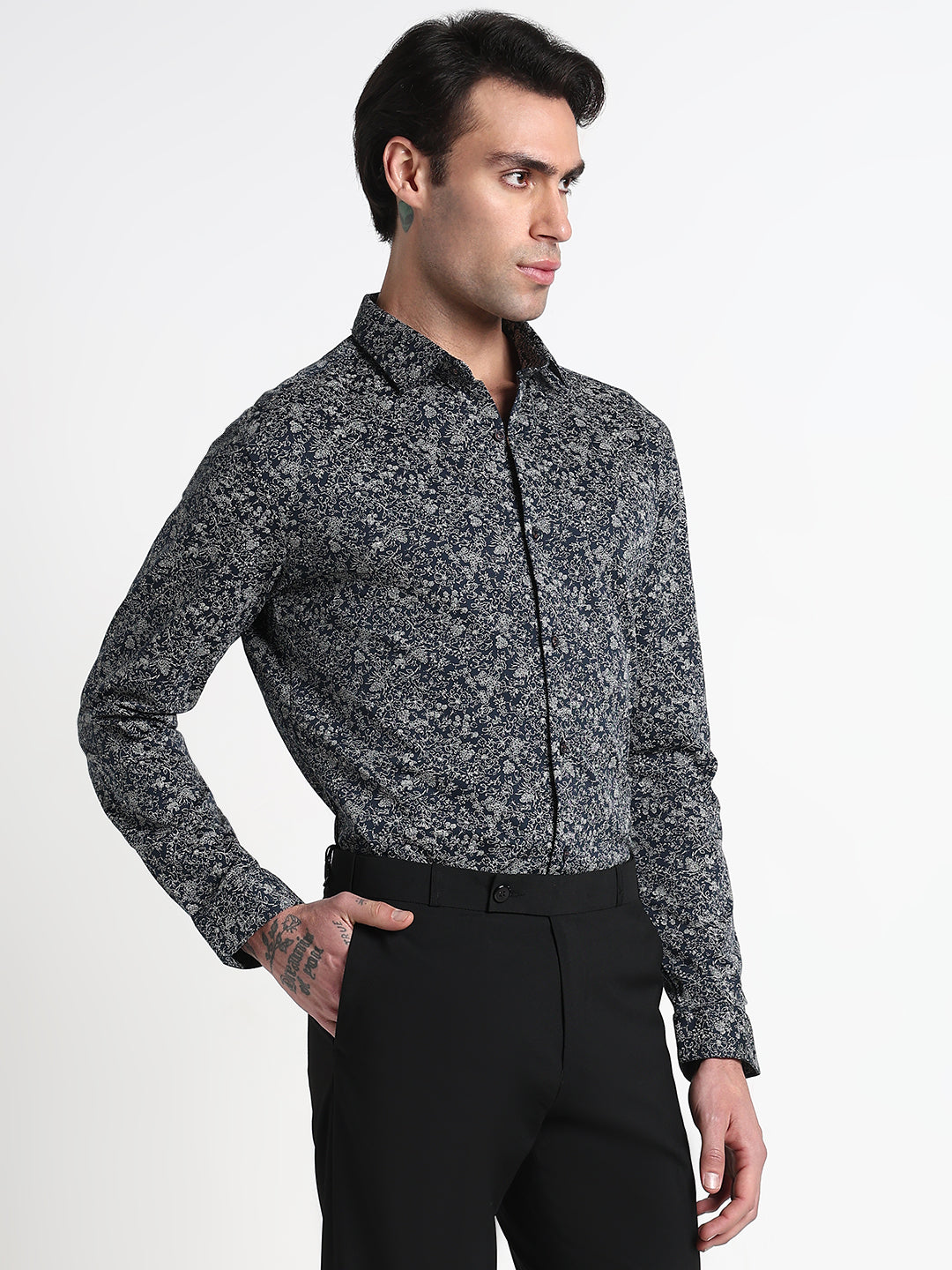 Men's Navy Blue Floral Slim Fit Formal Shirt